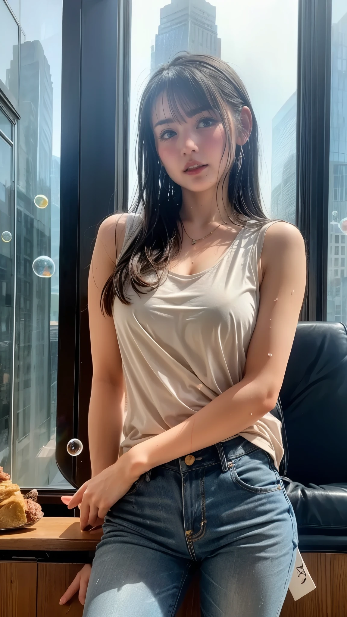 one girl on a break day,(BIG BREASTS:1.rim waist),(Original photo, Highest Quality), (realistic, photo-realistic:1.4), masterpiece, so delicate and beautiful, very detailed, 2k wallpaper, a wonderful, fine, very detailed CG unity 8k wallpaper, very detailed, High Precision, soft lights, beautiful detailed girl, very detailed eyes and face, beautiful and sophisticated nose covered in poop,(tight white tank top that gets wet and clear when wet with sweat:1.3,), ((not erected nipples)), The background is a scene of futuristic city skyscrapers and high-tech lighting、concentrated on nude clothes:1.2, (Hentairealism, photorealistic:1.37)、Perfect Beauty Surrounded by wide Beasts, very detailed face and skin, musclar:0.7, Beautiful eyes and double eyelids, short hair that gets wet easily, bust, small necklace, sleeveless shirt soaked in rain、workout gym, lamp, covered with semen, ((wet light colored skinny jeans)), (((All sweaty、The background is a scene of skyscrapers and high-tech lighting full of bubbles :1.2))), ((shiny oily skin:1.3)),((Radiant Skin:1.3))