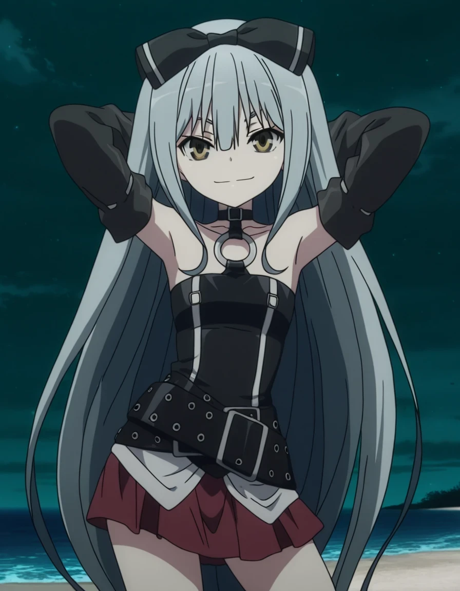 sora, long hair, bow, yellow eyes, hair bow, grey hair, black bow, anime screencap,
skirt, bare shoulders, detached sleeves, choker, belt, red skirt, black dress, o-ring, high quality, closed mouth, solo, cowboy shot, night sky, beach, hands behind head, ((contrapposto)), looking at viewer, smile, best quality, 