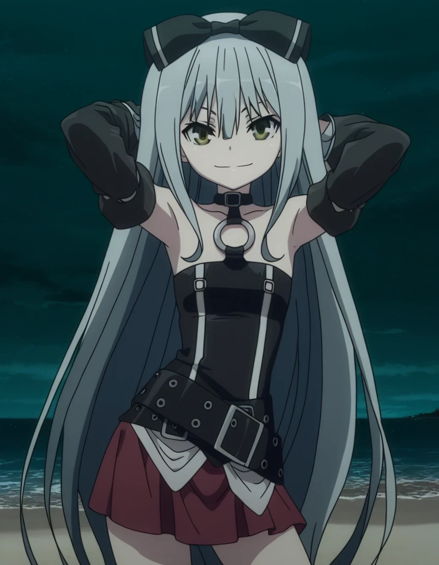 sora, long hair, bow, yellow eyes, hair bow, grey hair, black bow, anime screencap,
skirt, bare shoulders, detached sleeves, choker, belt, red skirt, black dress, o-ring, high quality, closed mouth, solo, cowboy shot, night sky, beach, hands behind head, ((contrapposto)), looking at viewer, smile, best quality, 