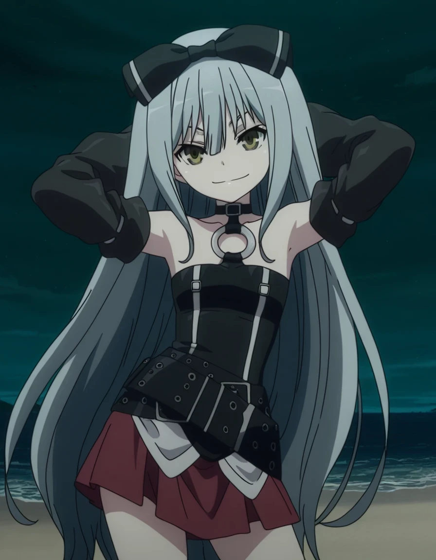 sora, long hair, bow, yellow eyes, hair bow, grey hair, black bow, anime screencap,
skirt, bare shoulders, detached sleeves, choker, belt, red skirt, black dress, o-ring, high quality, closed mouth, solo, cowboy shot, night sky, beach, hands behind head, ((contrapposto)), looking at viewer, smile, best quality,
