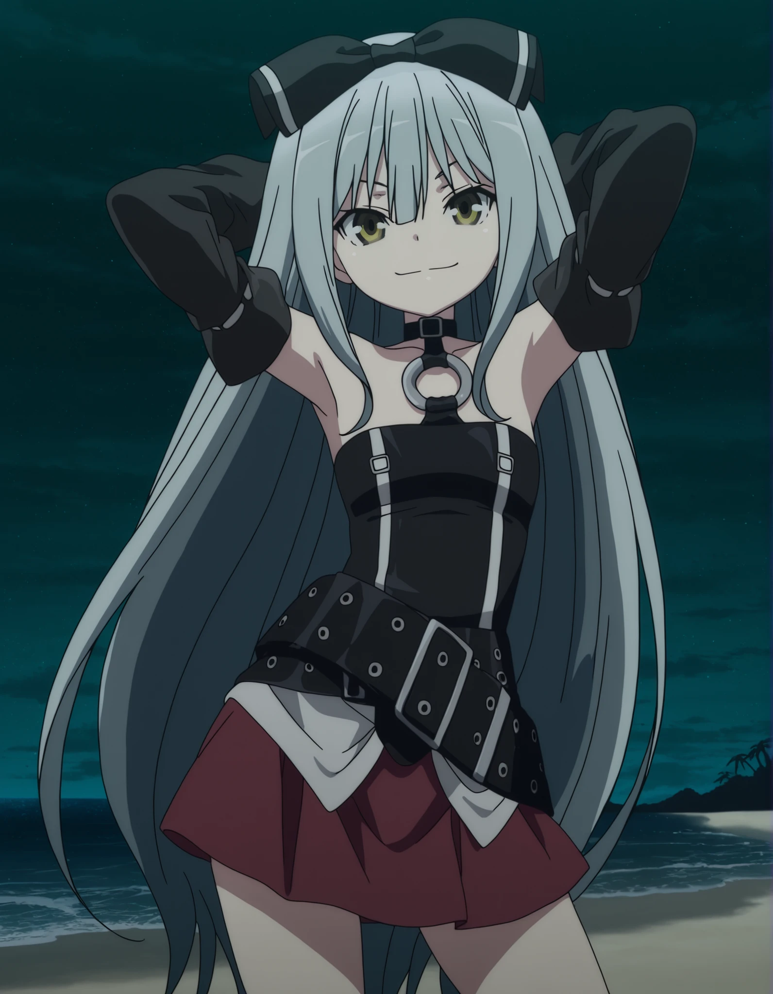 sora, long hair, bow, yellow eyes, hair bow, grey hair, black bow, anime screencap,
skirt, bare shoulders, detached sleeves, choker, belt, red skirt, black dress, o-ring, high quality, closed mouth, solo, cowboy shot, night sky, beach, hands behind head, ((contrapposto)), looking at viewer, smile, best quality, 