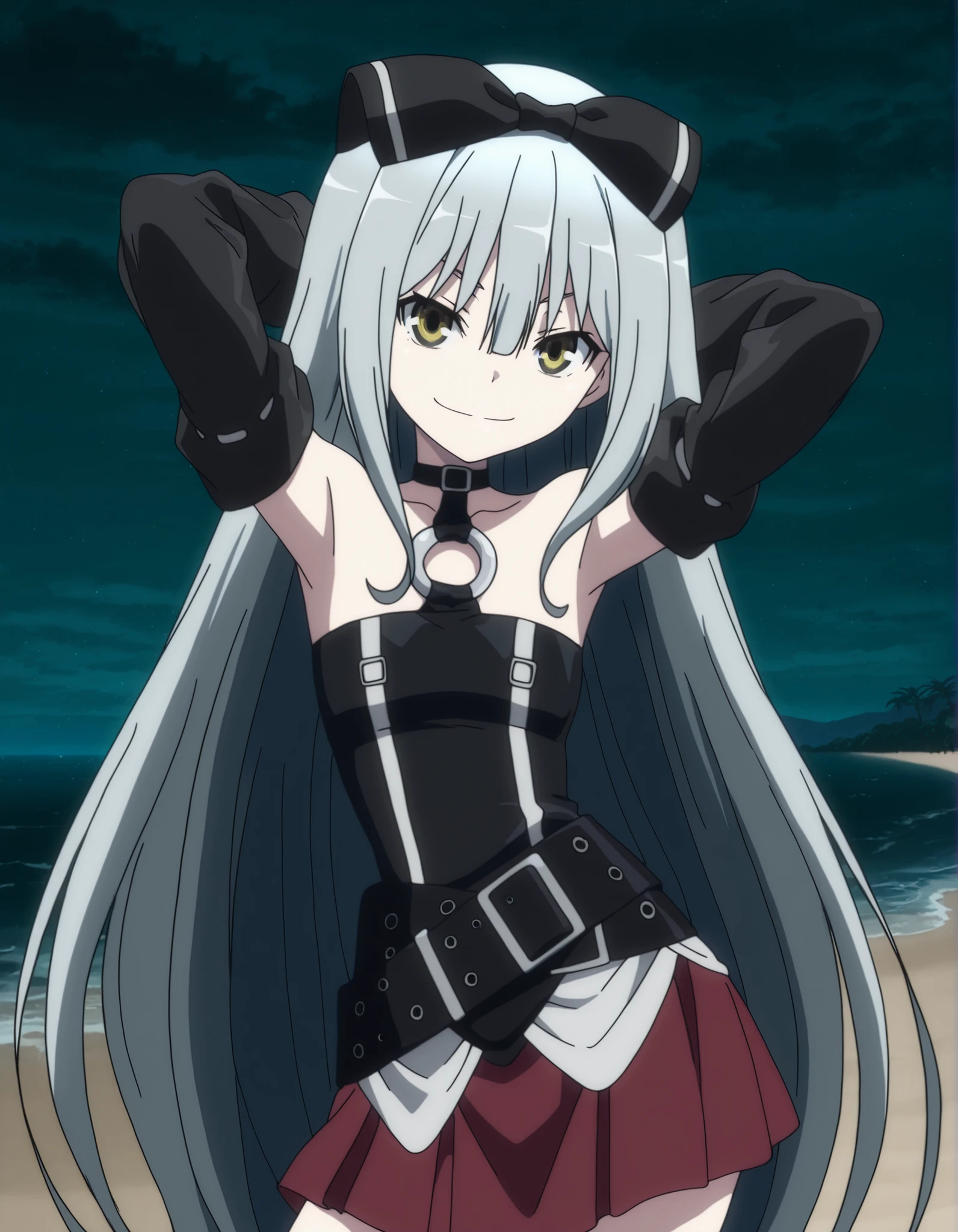 sora, long hair, bow, yellow eyes, hair bow, grey hair, black bow, anime screencap,
skirt, bare shoulders, detached sleeves, choker, belt, red skirt, black dress, o-ring, high quality, closed mouth, solo, cowboy shot, night sky, beach, hands behind head, ((contrapposto)), looking at viewer, smile, best quality,