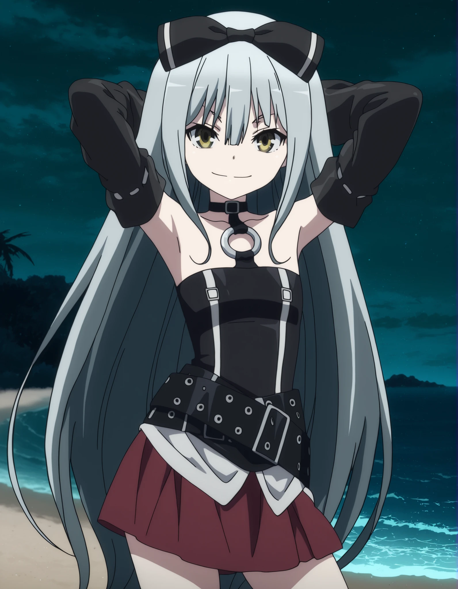 sora, long hair, bow, yellow eyes, hair bow, grey hair, black bow, anime screencap,
skirt, bare shoulders, detached sleeves, choker, belt, red skirt, black dress, o-ring, high quality, closed mouth, solo, cowboy shot, night sky, beach, hands behind head, ((contrapposto)), looking at viewer, smile, best quality,