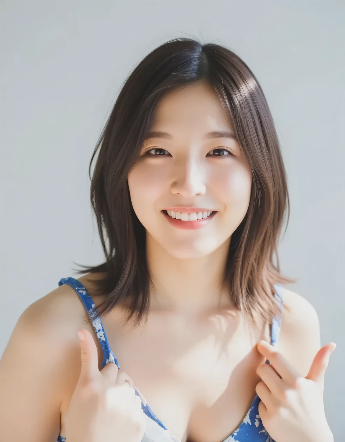 Raw photo, reality, ((staring)), ((focus on face)), ((close-up)), front view, Japanese woman, smiling in the sun, ((brown hair color, medium-long hair, hairstyle)), ((blue string bikini top: 1.7)), beautiful collarbone, unedited, ((waist-up shot: 1.5)), , live action, authentic, cute young girl, beautifully reflective eyes, beautifully detailed lips, very delicate eyes and face, long eyelashes, smiling, light gray background, filmed in a studio, studio lighting,