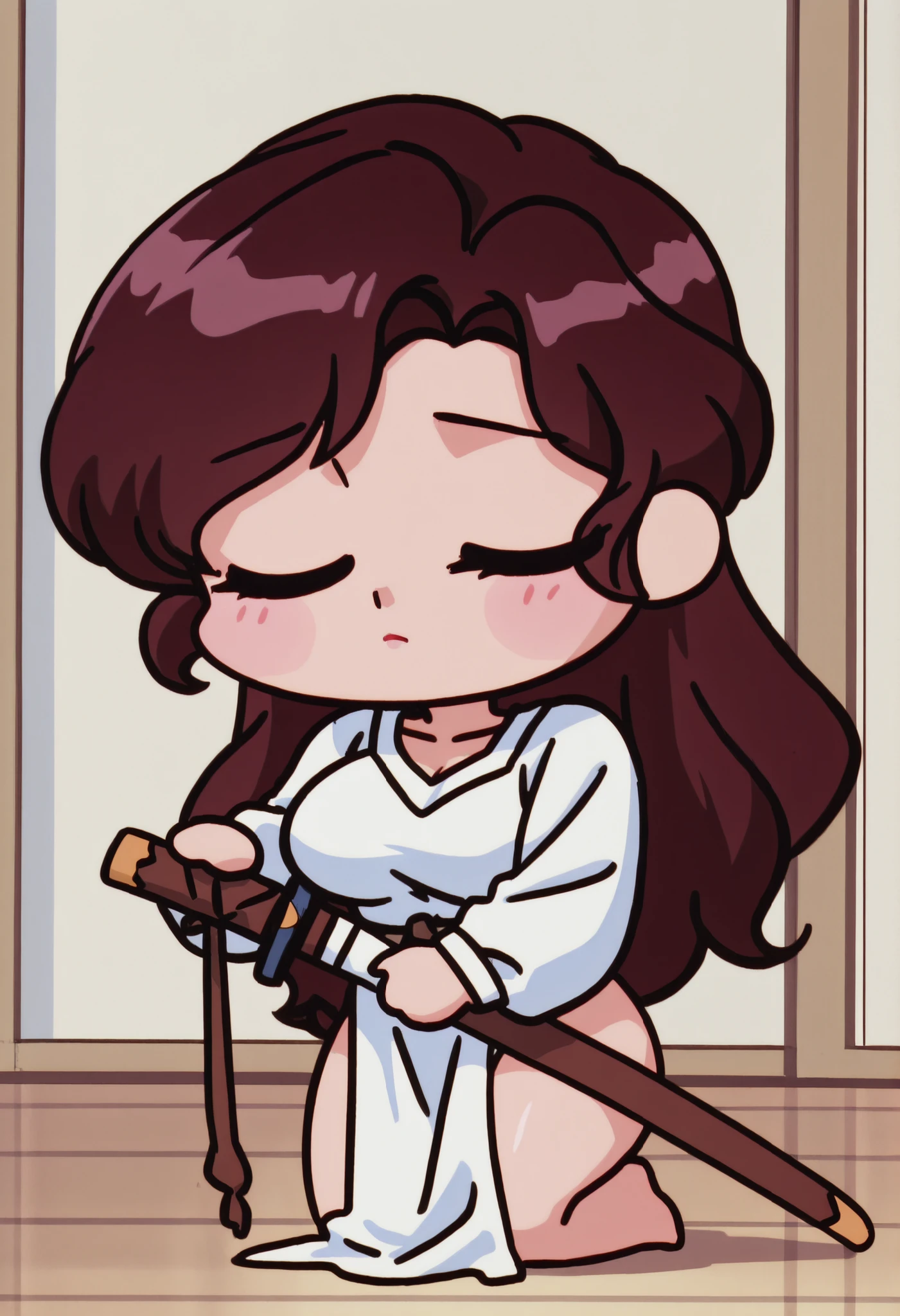 alone, Saotome Nodoka, dark brown hair, long hair, eyes closed, huge breasts, NSFW,  sexy hips, sexy waist, long white dress, calf-length dress, Milf, Japanese Dojo , by day, alone, without people in the background, pretty woman, Cute anime girl, blushed, kneeling, pose linda, imagen linda wallpaper, full body, Chibi, Relaxed expression, looking at the viewer, mouth shut, long sleeves, hidden hands in dress, Carrying sword, Sword wrapped in cloth, completely white dress, 