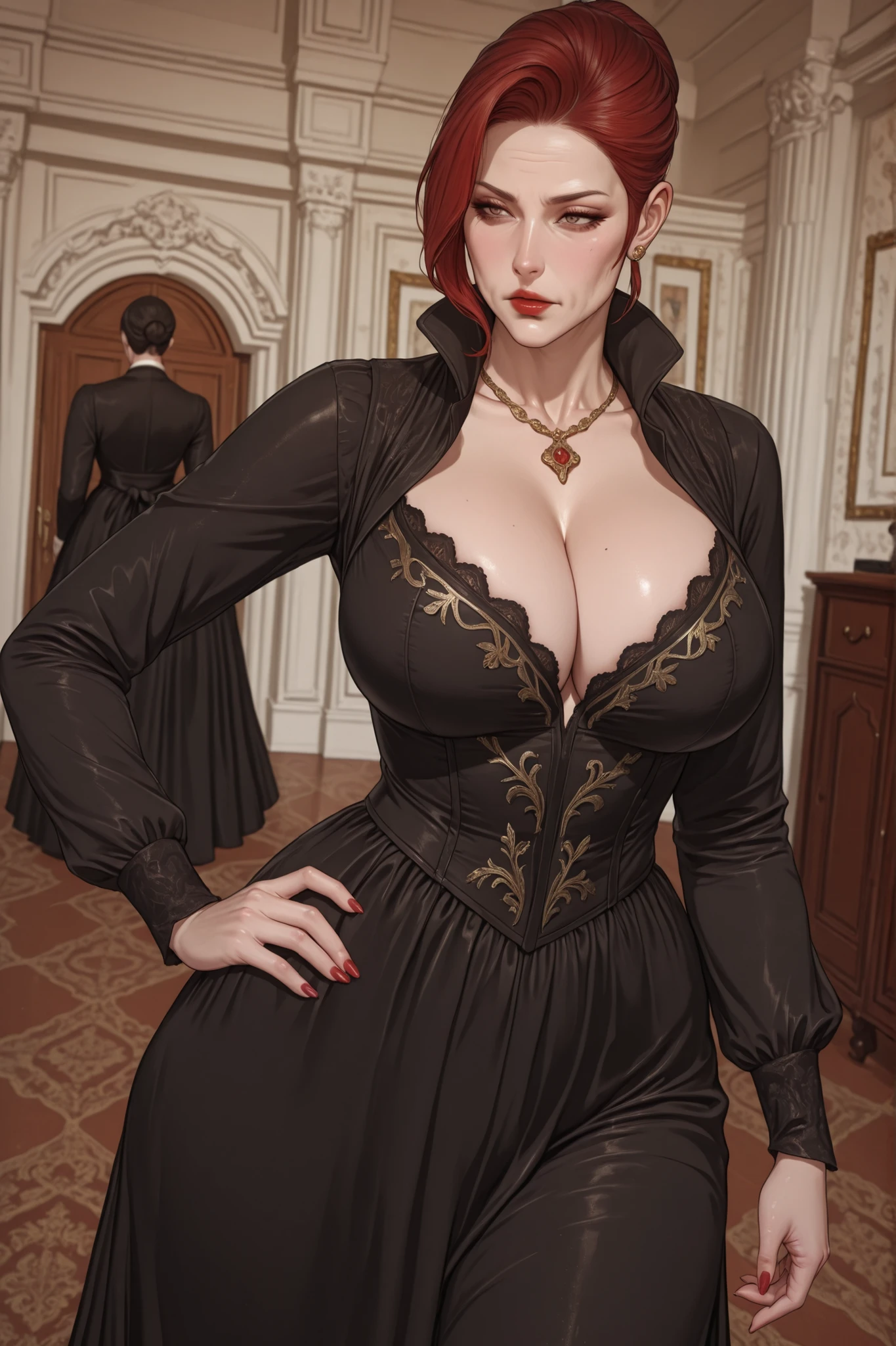 score_9, score_8_up, score_7_up, score_6_up, score_5_up, score_4_up, Label 1, Label2, quality_masterpiece, Anatomically correct, beautiful face, perfect face, Beautiful and highly detailed face, sexy Attractive face , Detailed Face, delicate Facial Features, detailed ,Very detailed & Beautiful and dazzling eyes, huge breasts, wide hips, big butt, thick thighs, mature female, ( colors CMYK ), (ultrahd, 8K), (intricate details), (Absurds), (Very detailed), red hair, ,grandma, grandmother, mature woman over 60 , Ample curves , Wrinkled Face , short hair , victorian dress, victorian era, serious, jewelry, cleavage, woman over 60 years old, red lips, red nails, mansion, victorian house, gold jewelry, , Victorian French clothing, dynamic pose, dutch angle, hand on hip, elegant dress, opulent dress, black dress, golden embroidery, Black dress, golden embroidery, floor-length, victorian dress, victorian era, ornate bodice, high collar, layered skirts, cinched waist, dramatic silhouette, lace trim, jewelry, elegance, aristocratic, serious expression, refined, elaborate detail, noblewoman, formal wear.