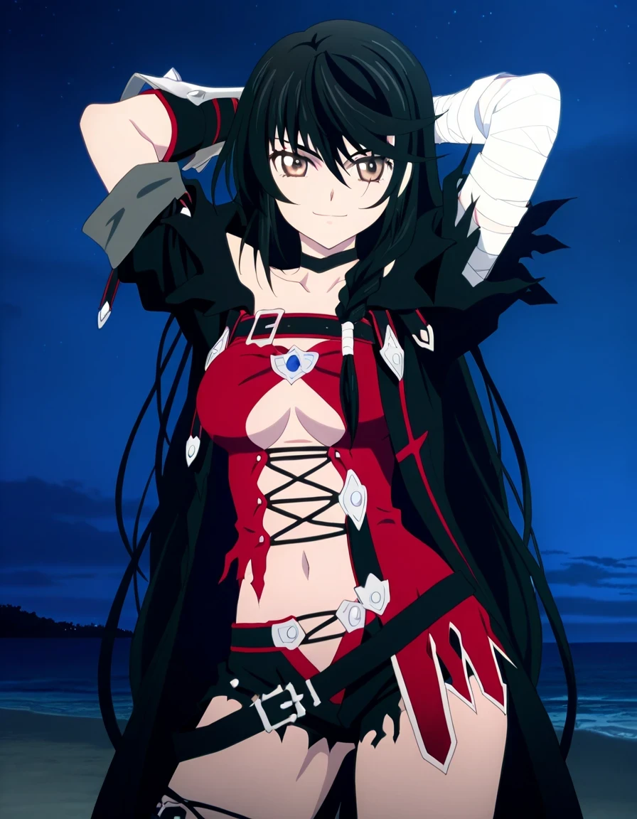 Velvet Crowe (character), 1girl, solo, black hair, long hair, golden-brown eyes, medium breasts, bandages, choker, bandaged arm, breasts, long hair, torn clothes, navel, underboob, black choker, shorts, anime screencap, high quality, solo, night sky, beach, hands behind head, ((contrapposto)), closed mouth, cowboy shot, looking at viewer, smile, best quality
