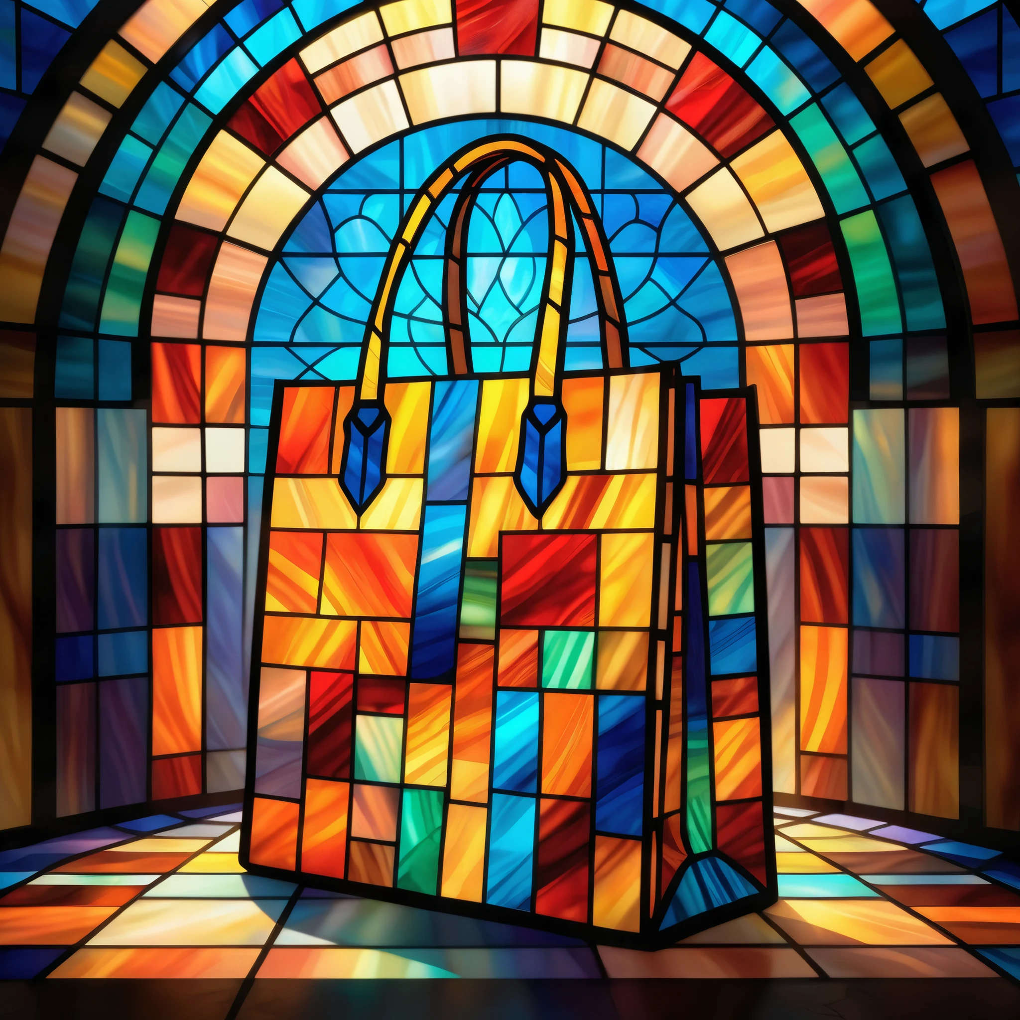 Stained-glass style illustration of a (shopping bag) in a colorful, full-color image. The (shopping bag) is intricately drawn in shades of brown, pink, and white, like a mosaic, creating a vivid, artistic effect. The background depicts a stained-glass (room) in blue, yellow, and orange, representing a glowing (room). Sunlight shines through the glass patterns, creating a warm glow. The ground is covered with stylized red, orange, and green tile, enhancing the stained glass effect. The overall composition is detailed, and the geometric and organic patterns resemble real stained glass works.