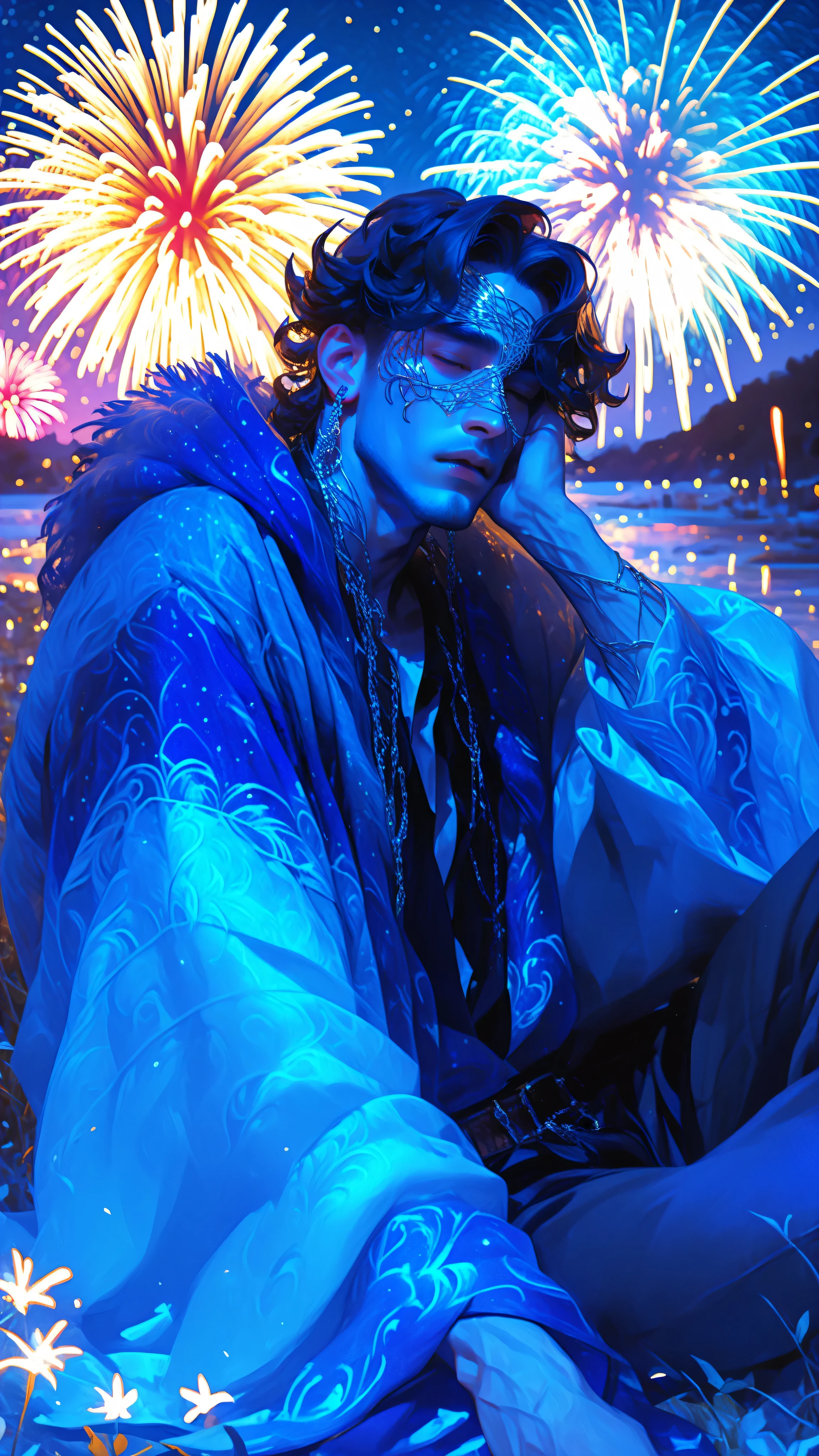 1boy, ((detailed face)), lazypos, lazyneg, Appearance: A tall, willowy man draped in layered robes that shimmer between dusk-blue and pale silver, as if woven from smoke and starlight, forest back ground with stars and fireworks