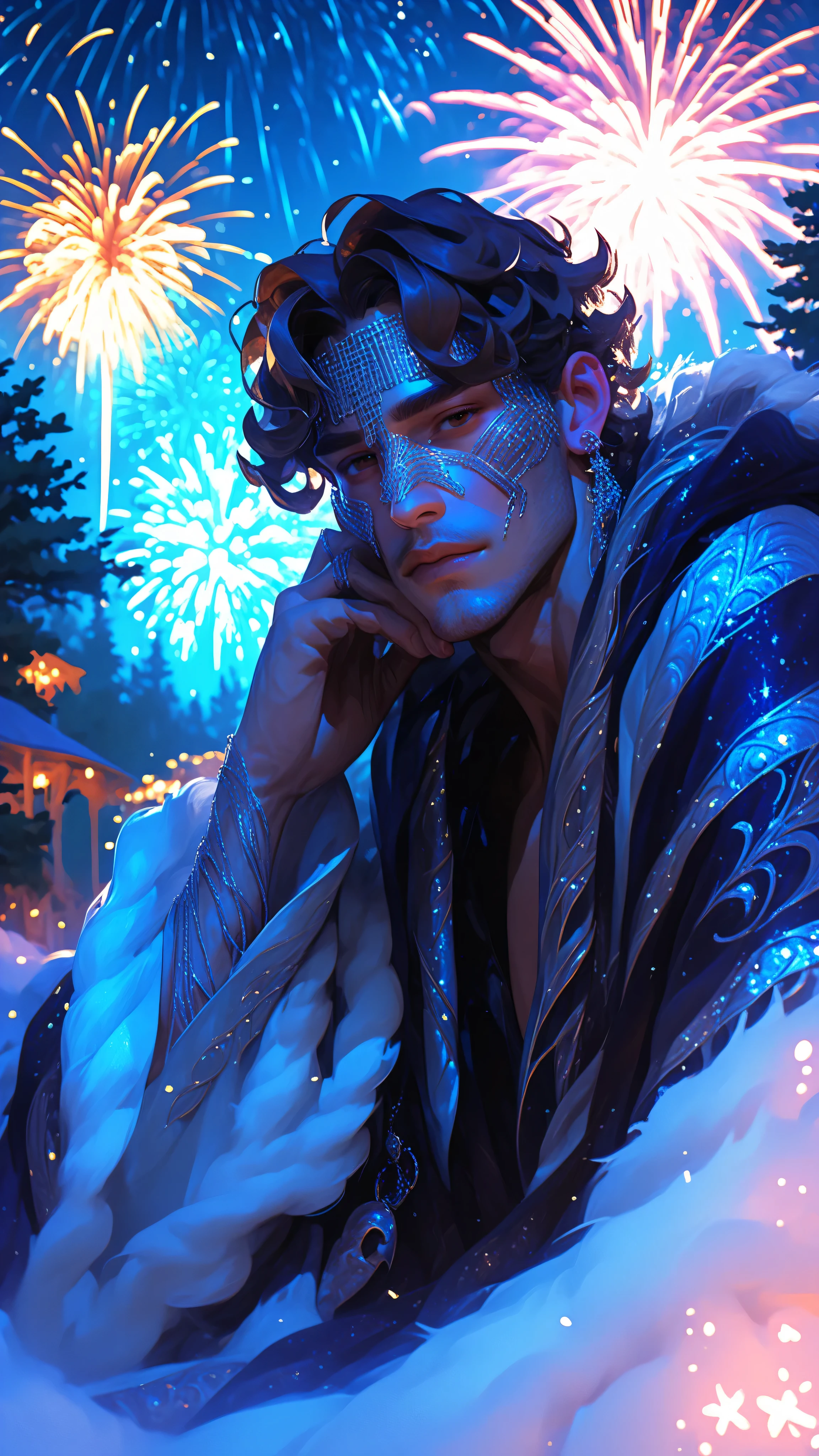 1boy, ((detailed face)), lazypos, lazyneg, Appearance: A tall, willowy man draped in layered robes that shimmer between dusk-blue and pale silver, as if woven from smoke and starlight, brown eyes, forest back ground with stars and fireworks