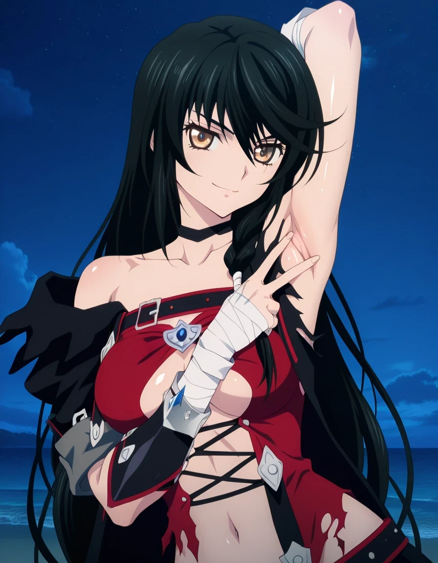 Velvet Crowe (character), 1girl, black hair, long hair, golden-brown eyes, medium breasts, bandages, choker, bandaged arm, breasts, long hair, torn clothes, underboob, black choker, anime screencap, shiny skin, high quality, closed mouth, solo, upper body, night sky, beach, spread armpit, armpits, armpit focus, v, ((contrapposto)), looking at viewer, smile, best quality,