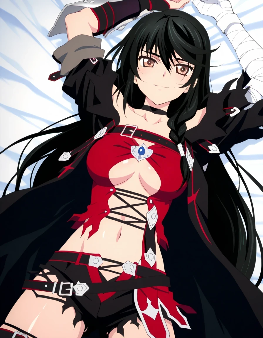 Velvet Crowe (character), 1girl, solo, black hair, long hair, golden-brown eyes, medium breasts, bandages, choker, bandaged arm, breasts, long hair, torn clothes, navel, underboob, black choker, shorts, anime screencap, shiny skin, high quality, solo, lying, on back, on bed, arms up, legs apart, cowboy shot, closed mouth, looking at viewer, shy smile, best quality