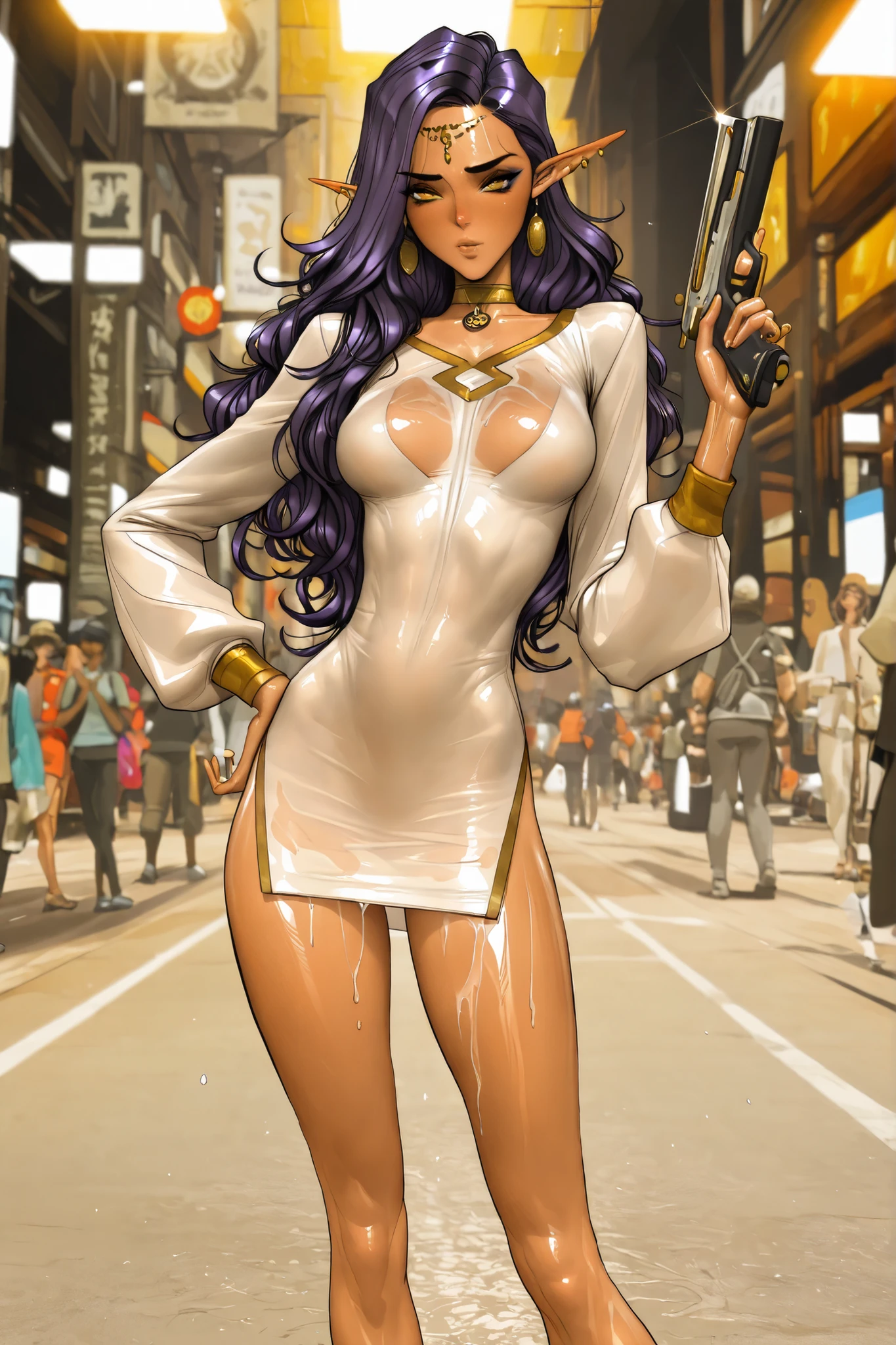 dark skin, earring, yellow eyes, long hair, pointy ears, purple hair, yellow eyes,oda non, Expressiveh, masterpiece, best quality, very aesthetic, movie quality, depth of field,soft saturation, focused subject, ,official style, shiny skin,  long dark  purple hair, elf ears, curly hair, , yellow eyes, eyeshadow, (dark-skinned female
),  athletic body, shirow masamune,  sam yang,  oily skin,  medium breasts, fluids on skin, trendy clothes, streamer,  thot, wavy hair,, (slender body, long thin legs), white mini dress, gold choker, gold jewelry, (under a streetlight), detailed eyeliner, head chain, elf ear piercings, chains from ears, slutty pose, gold eyeshadow, gold rings, holding space pistol, oda non