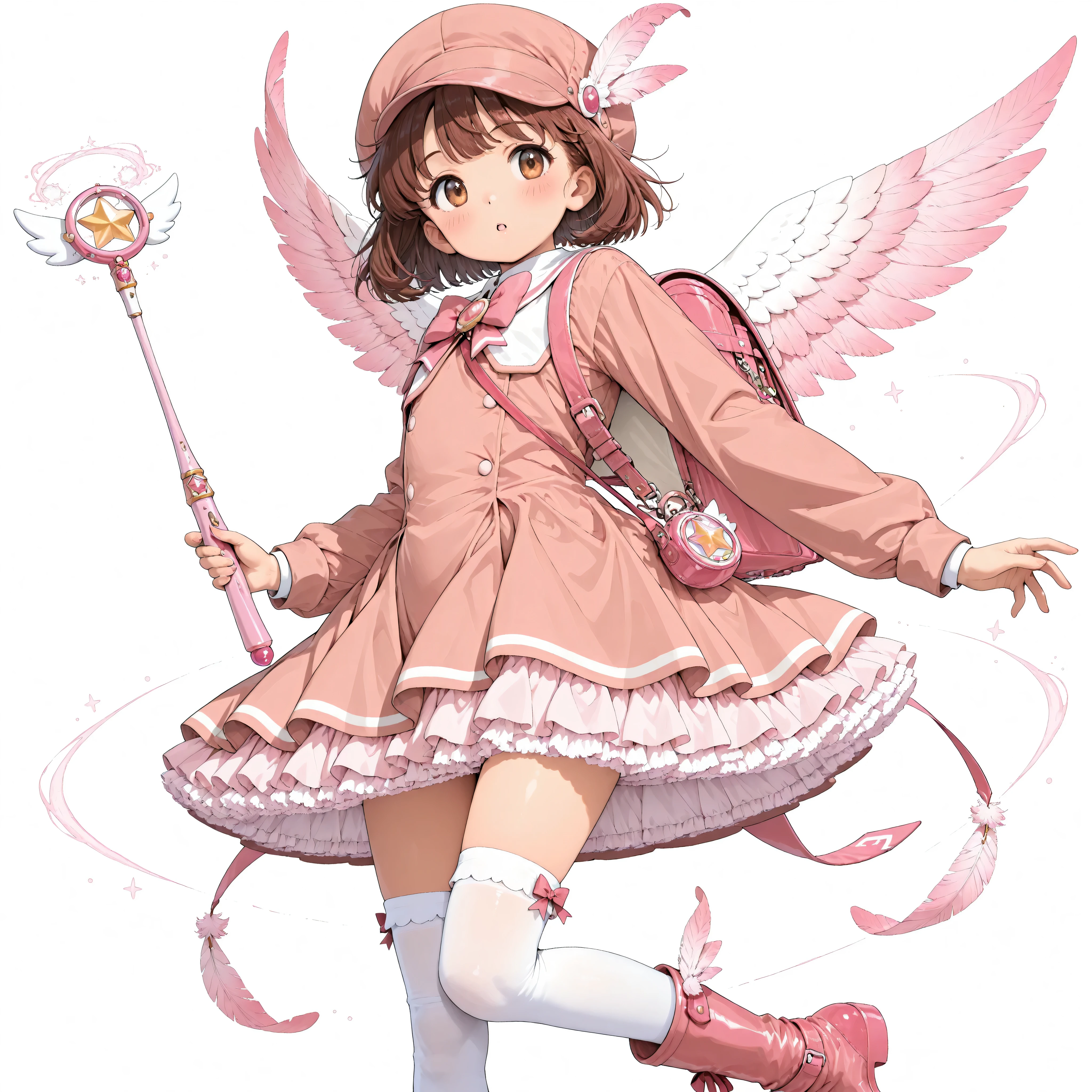 Masterpiece, Super Resolution, 1girl, Solo, Elementary school girl, Short hair, Large pink newsboy cap, Feather accent, Pink frilly dress, Magical girl costume, White knee-high socks, Pink boots, Feather accent, Cute magic wand, white background