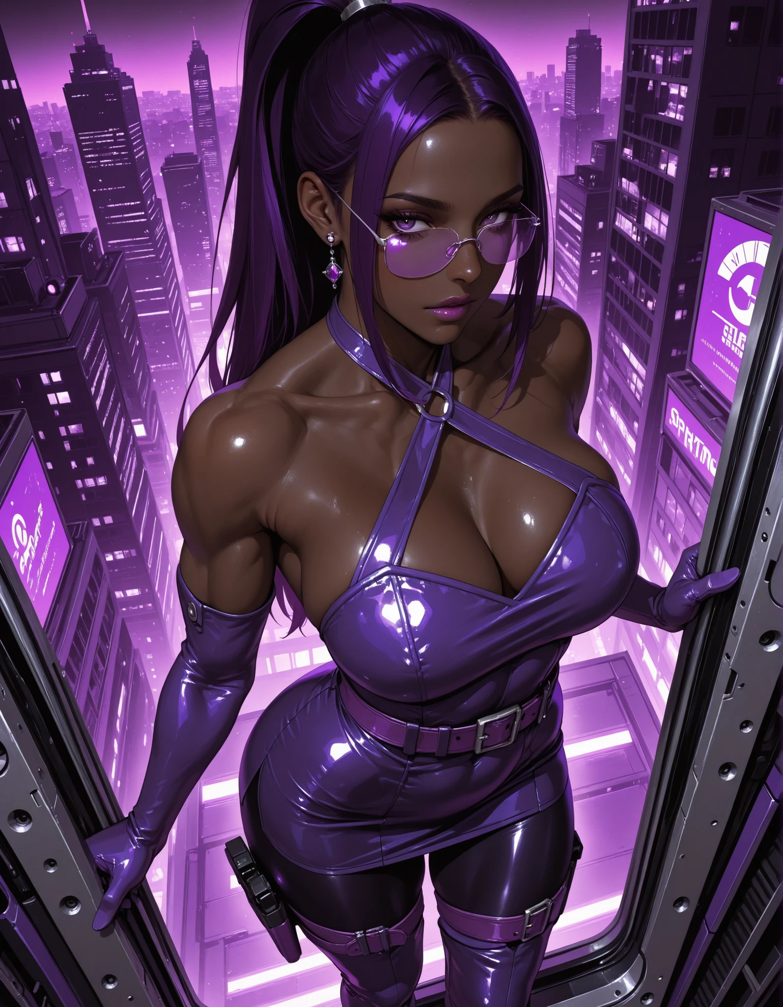 Animated Nightmare Style, 1girl, arm strap, armband, ass, barcode, black leotard, black thighhighs, clothing cutout, covered nipples, cyberpunk, cyborg, dark nipples, dark skin, dark-skinned female, earrings, fingernails, forehead jewel, from behind, highleg, highleg leotard, jewelry, large breasts, leotard, lips, looking at viewer, looking back, makeup, medium breasts, medium hair, multicolored hair, muscular, muscular female, nail polish, nipples, nose, one breast out, parted lips, piercing, pink eyes, pointy ears, purple eyes, purple hair, science fiction, shiny, shiny clothes, shiny skin, skin tight, solo, standing, sweat, thick thighs, thighhighs, thighs, thong leotard, twisted torso, two-tone hair, wet, wet hair, BREAK PonyXLV6_Scores