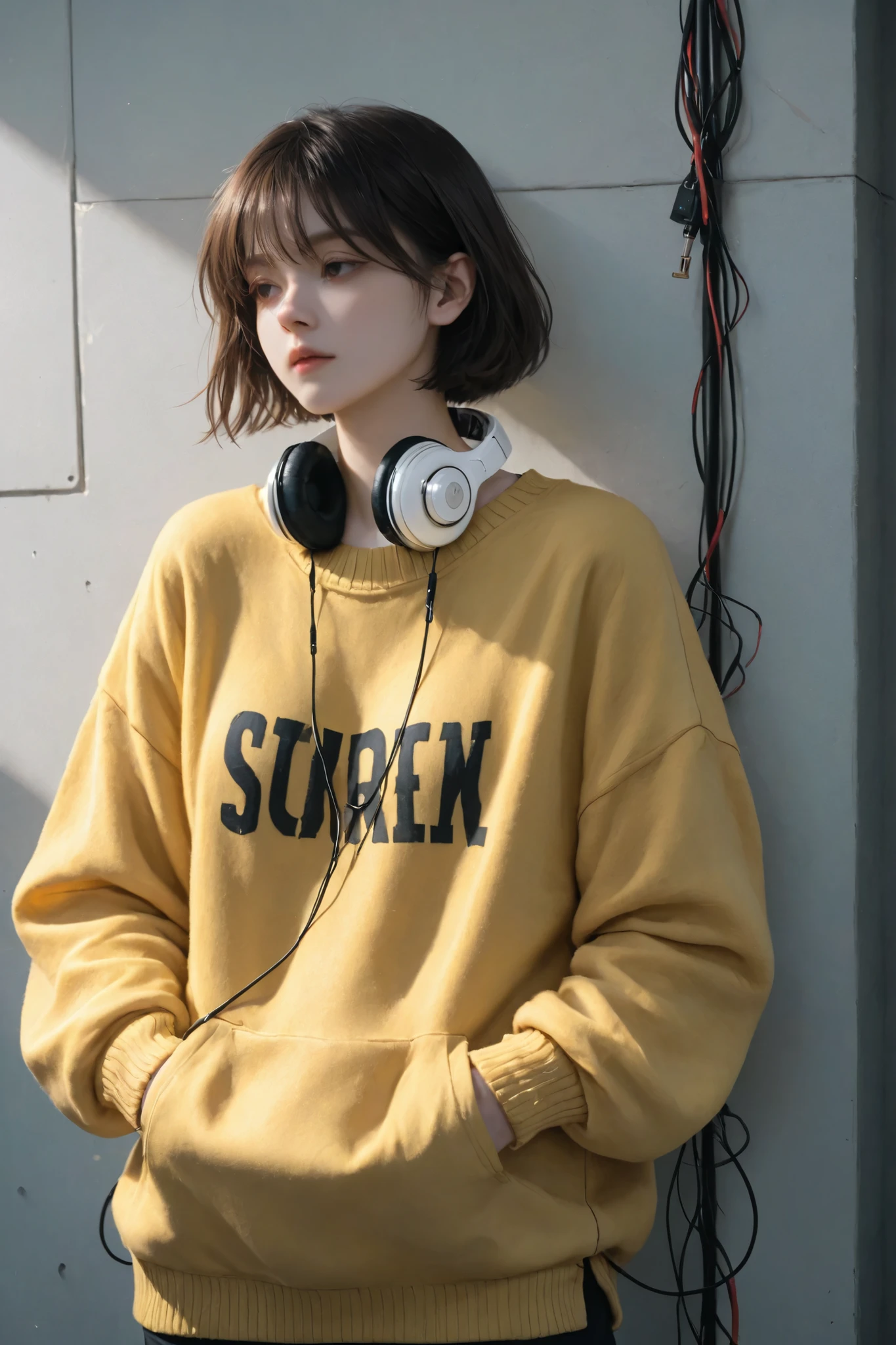 1girl, yellow sweater, headphones on neck, short hair, hands in pockets, wire in pocket