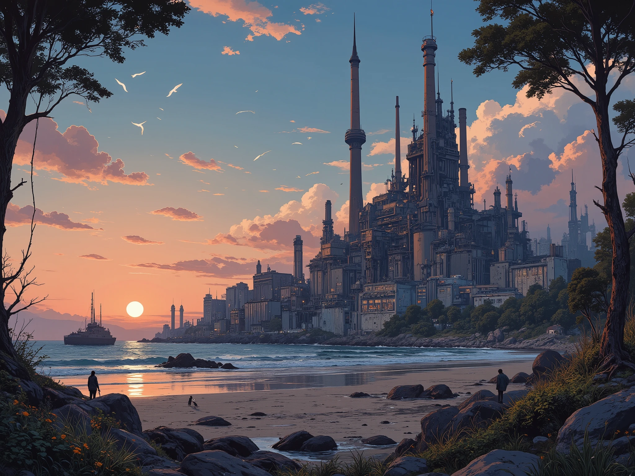 very wide shot, makes an aesthetic, Master piece, Best Quality, ultra detailed, Coastal magical industrial zone, skyscraper, Many tall medieval chimneys, white birds, people, wind, leaf, greenery, twilight, sunset, moon, fantasy world, pixel art,
