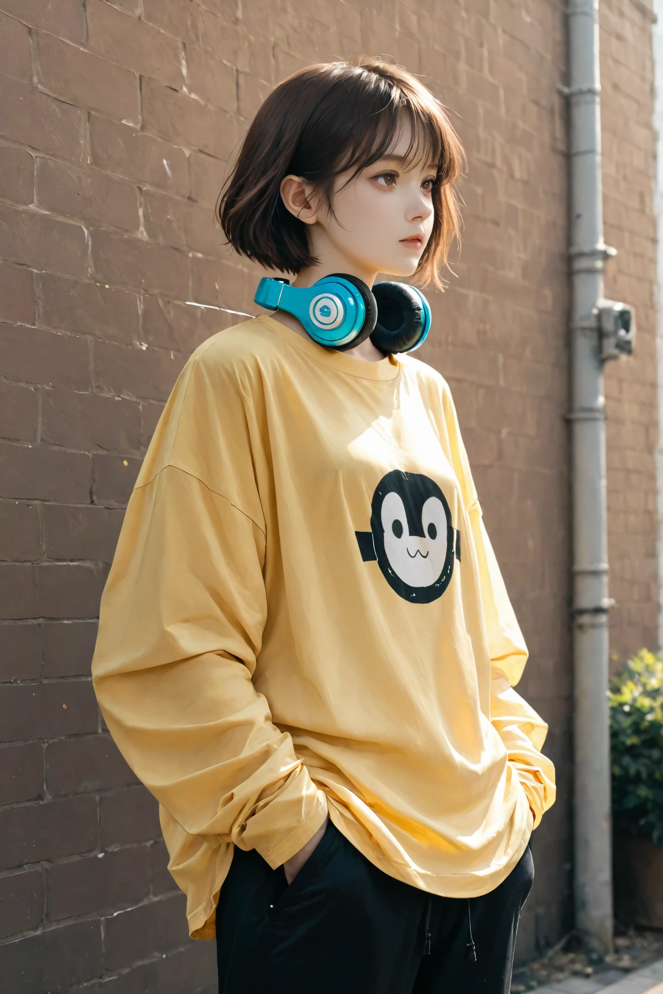 1girl, yellow shirt, long sleeves, baggy shirt, oversized shirt, headphones on neck, short hair, hands in pants pockets, wire in pocket, brown hair, brown eyes, black pants, outdoors, wall