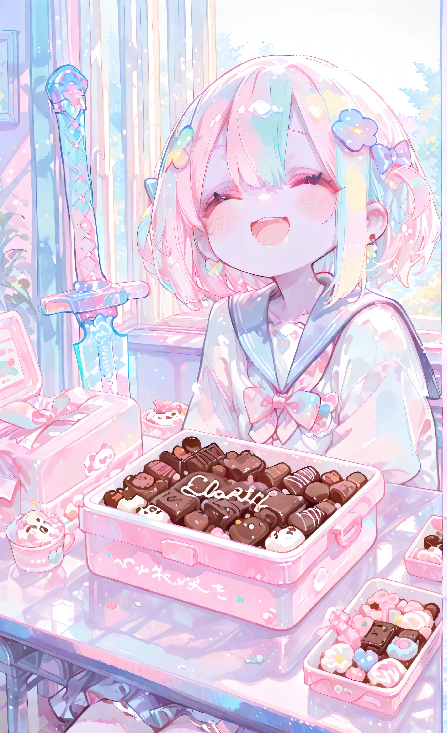 Ultra Hi-Res, Original photo, detail, Little chocolate, Tiny Proportions , Oversized Head, cute round face, school cafeteria, zombie friends, eat lunch together, lunch box, food sharing , pastel color palette, bright light, School Uniform, colorful hair accessories, Smiling face, little zombie with food, playful scene where they bravely hold a sword, Detailed food, Indoor Settings, afternoon light through the window, Heartwarming Interaction, Kawaii Style