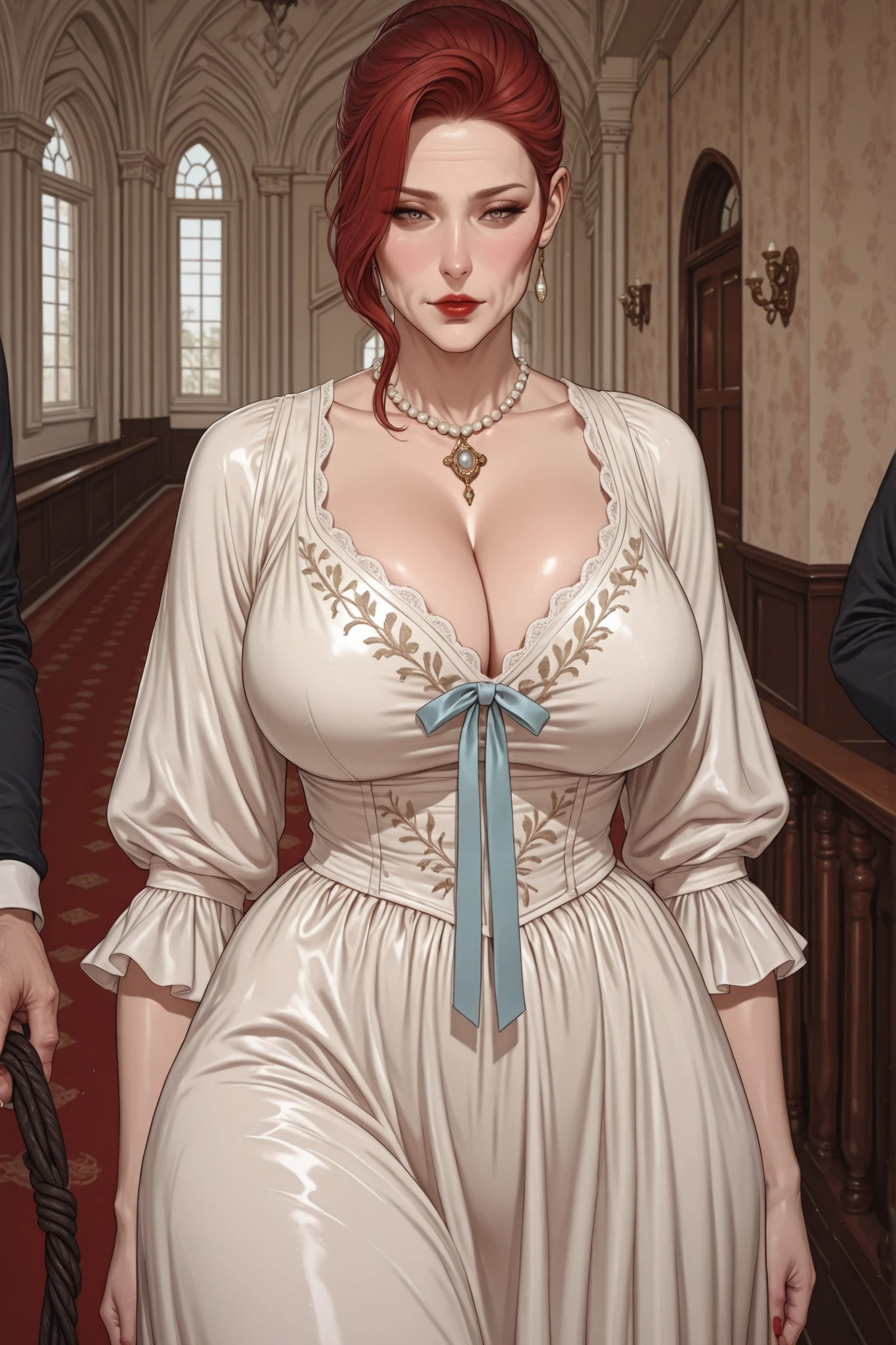 score_9, score_8_up, score_7_up, score_6_up, score_5_up, score_4_up, Label 1, Label2, quality_masterpiece, Anatomically correct, beautiful face, perfect face, Beautiful and highly detailed face, sexy Attractive face , Detailed Face, delicate Facial Features, detailed ,Very detailed & Beautiful and dazzling eyes, huge breasts, wide hips, big butt, thick thighs, mature female, ( colors CMYK ), (ultrahd, 8K), (intricate details), (Absurds), (Very detailed), red hair, ,grandma, grandmother, mature woman over 60 , Ample curves , Wrinkled Face , short hair , victorian dress, victorian era, serious, jewelry, cleavage, woman over 60 years old, red lips, red nails, mansion, victorian house, gold jewelry, Ivory satin dress, pastel blue ribbons, bustle gown, victorian dress, victorian era, square neckline, puffed sleeves, layered silk skirts, lace trim, pearl jewelry, floral embroidery, cinched waist, trailing train, elegant, aristocratic