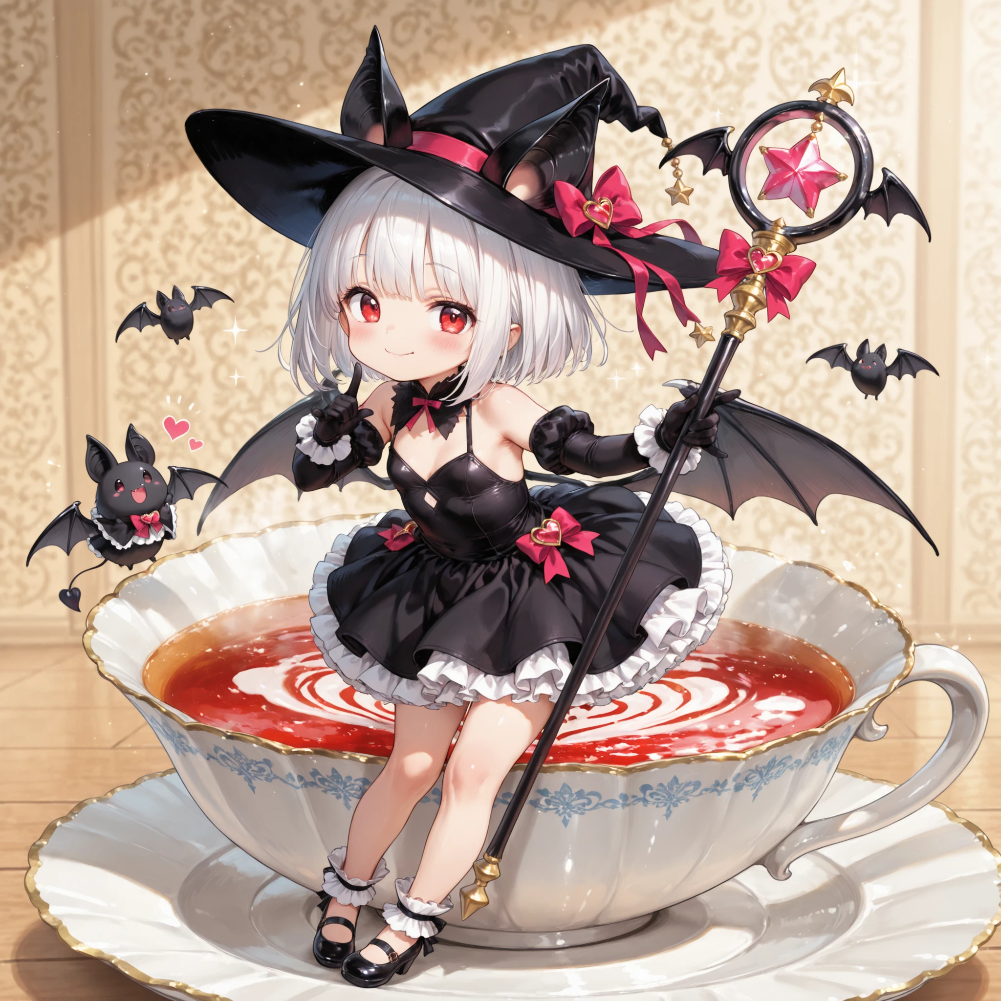 Cute,mesugaki,chibi,,masterpiece、Highest Quality、Super Detailed 、 (1 person)、(chibi:1.4)、chibi only、2.5 heads tall、Bat girl in a teacup、black bat ears、bat wings on the back、red eyes、white bob hair、Concealed Hair、Smile Yan、black dress、black shoes、Black Witch Hat、anatomically accurate fingers、Magical Girl's Wand、