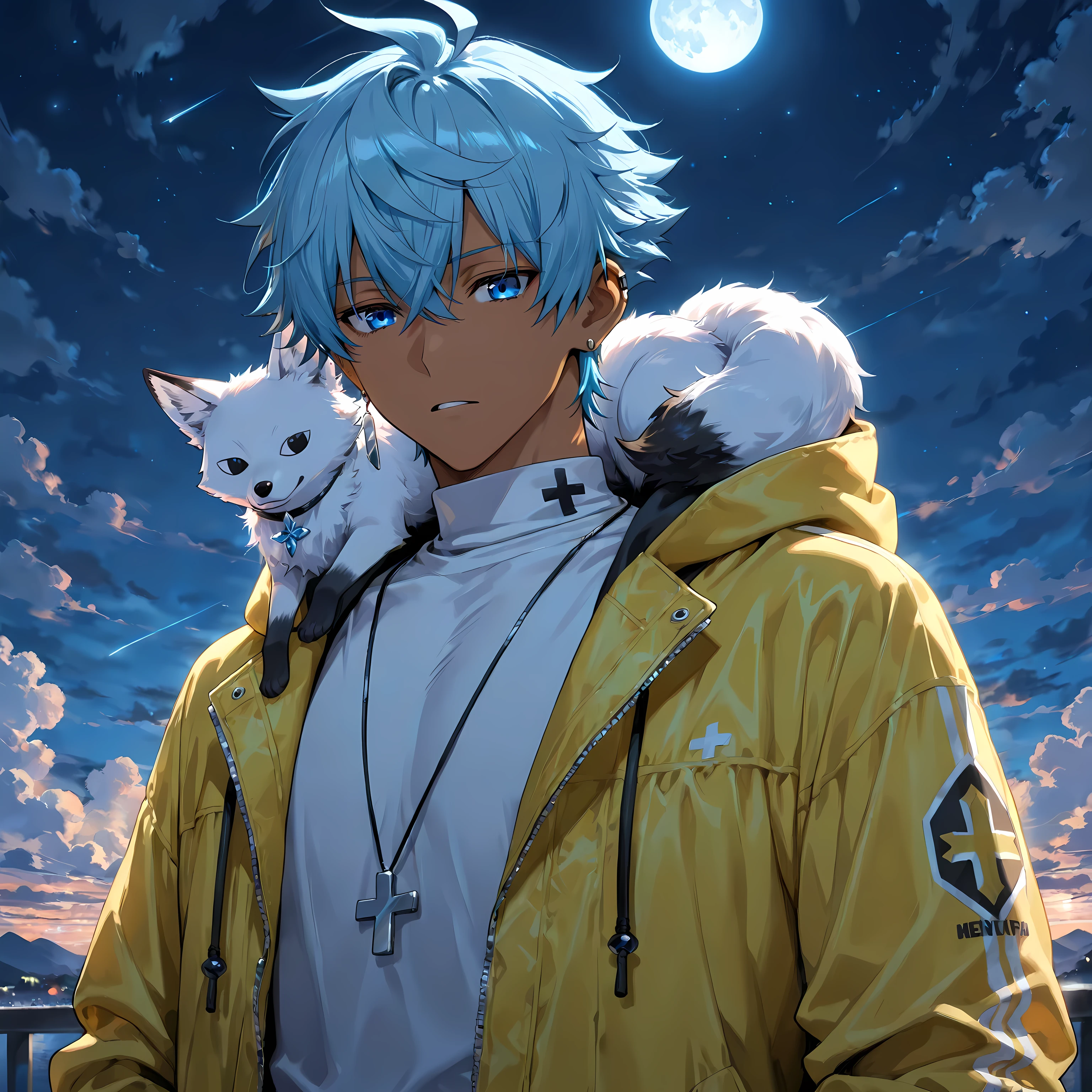 <lora:TrendCraft_The_Peoples_Style_Detailer-v2.4I-5_18_2025-Illustrious:0.2> <lora:flatline_v2_-_Illus_x_Niji:0.6>, masterpiece , best quality , 1male , male focus , masculine , dark skin , solo , short wavy spiked hair with ahoge , medium length in the back , aegean blue hair , relaxed vibrant aegean blue eyes , hooded black and yellow jacket , white turtleneck undershirt , relaxed expression , standing still , silver cross necklace , silver earring on left ear , small white fox on shoulder , sky background , clouds , night , moon , perfect background , close-up
