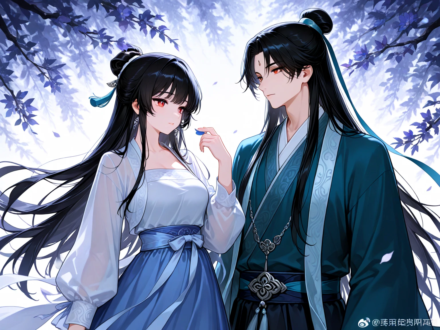 A handsome guy and a beautiful girl are leaning against each other，quiet and peaceful，faint smile，Chinese style clothing and accessories，black hair，perfect face，Chinese architecture