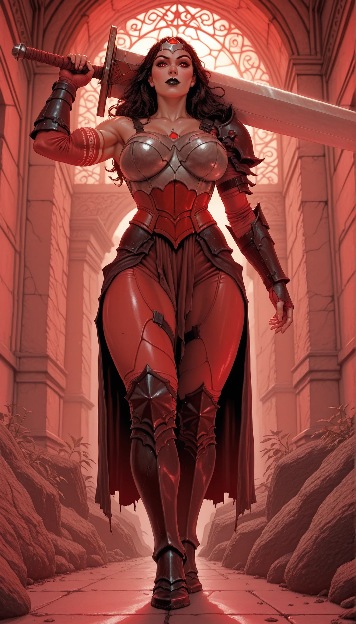masterpiece, best quality, amazing quality, absurdres, AbsoWW, weapon, sword, holding, 1girl, armor, holding weapon, holding sword, sword over shoulder, tiara, red eyes, black lips, looking at viewer solo, gauntlets, red pants, black greaves, , thick muscular thighs, wide curvy , from BELOW, DYNAMIC ANGLE