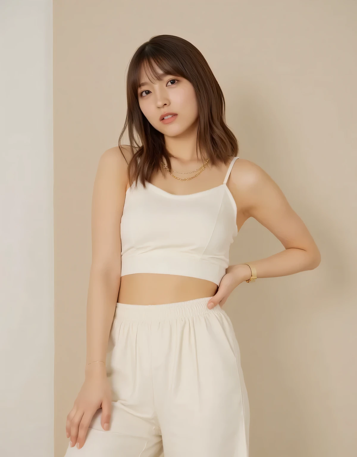A young woman, probably in her late teens or early twenties, light-skinned, ((bangs, long, wavy, light brown hair)), and neutral skin tone. She is posing confidently, shot from mid-thigh up, with a neutral, serene expression. Looking into the camera. She is wearing a simple, cropped white tank top with thin straps. Her cinched waist reveals her navel, the top fits her body well, and the fabric appears smooth and soft. Relaxed fit, off-white, drawstring pants, gathered waist. A modest gold chain necklace and watch complete her outfit. The lighting is reminiscent of a soft bright indoors, with diffused light, without casting harsh shadows, creating a calm and relaxed atmosphere. The background is a plain, pale beige wall. The overall style is elegant, modern, and simple. A classic portrait style shot, with the subject positioned slightly off-center, She is posed, looking directly into the camera and showing her mid-chest and above. The colors are soft and muted, focusing on natural tones. The posture is relaxed, yet graceful. 