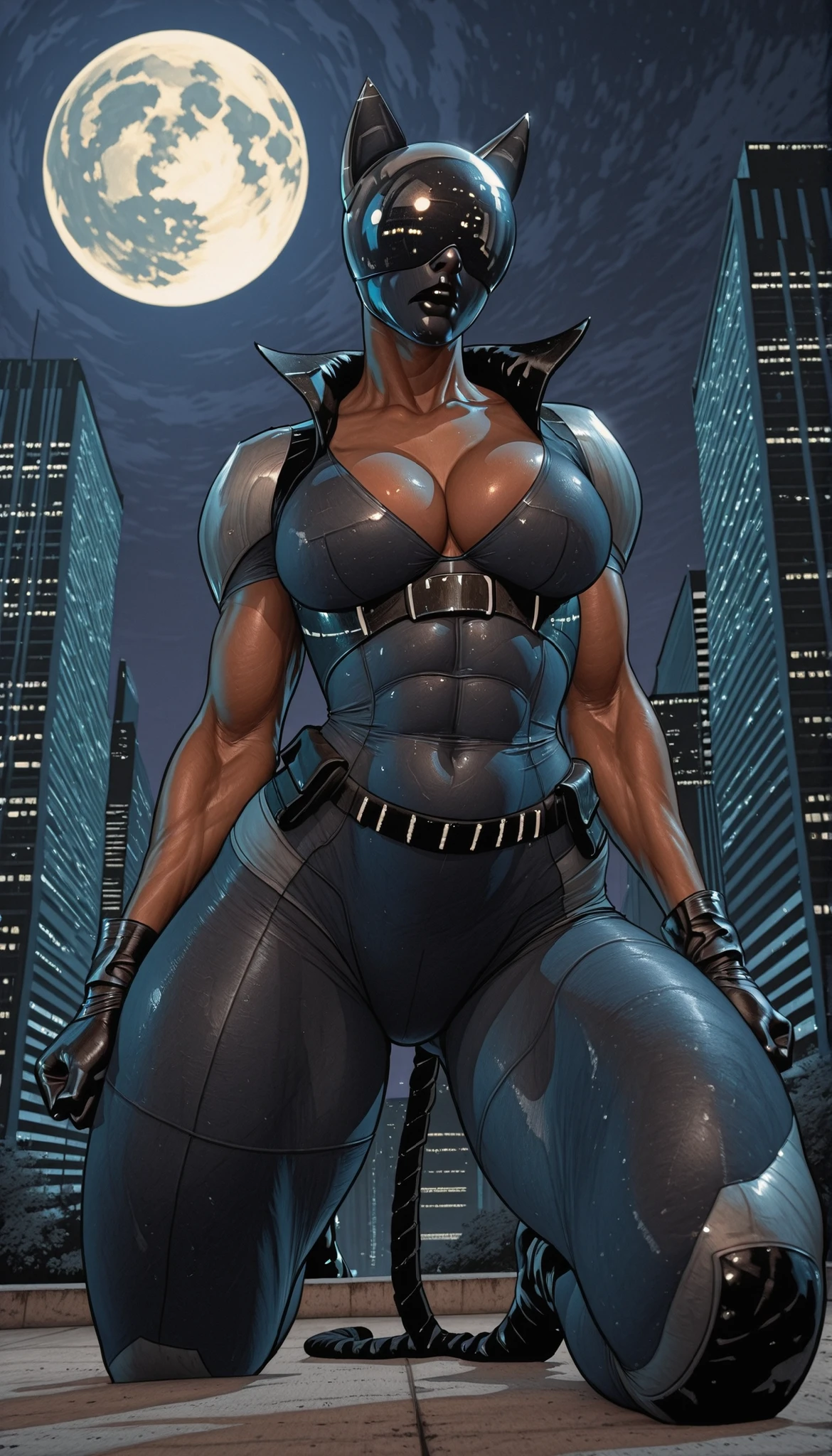 AbsoluteCatwoman, dark-skinned female, mirrored helmet, fake cat ears, fake tail, bodysuit, gloves, belt, cleavage, big breasts, thick muscular thighs, wide curvy hips, covered mouth, on top of building, huge moon in background, night time, from below, dynamic angle, cat position