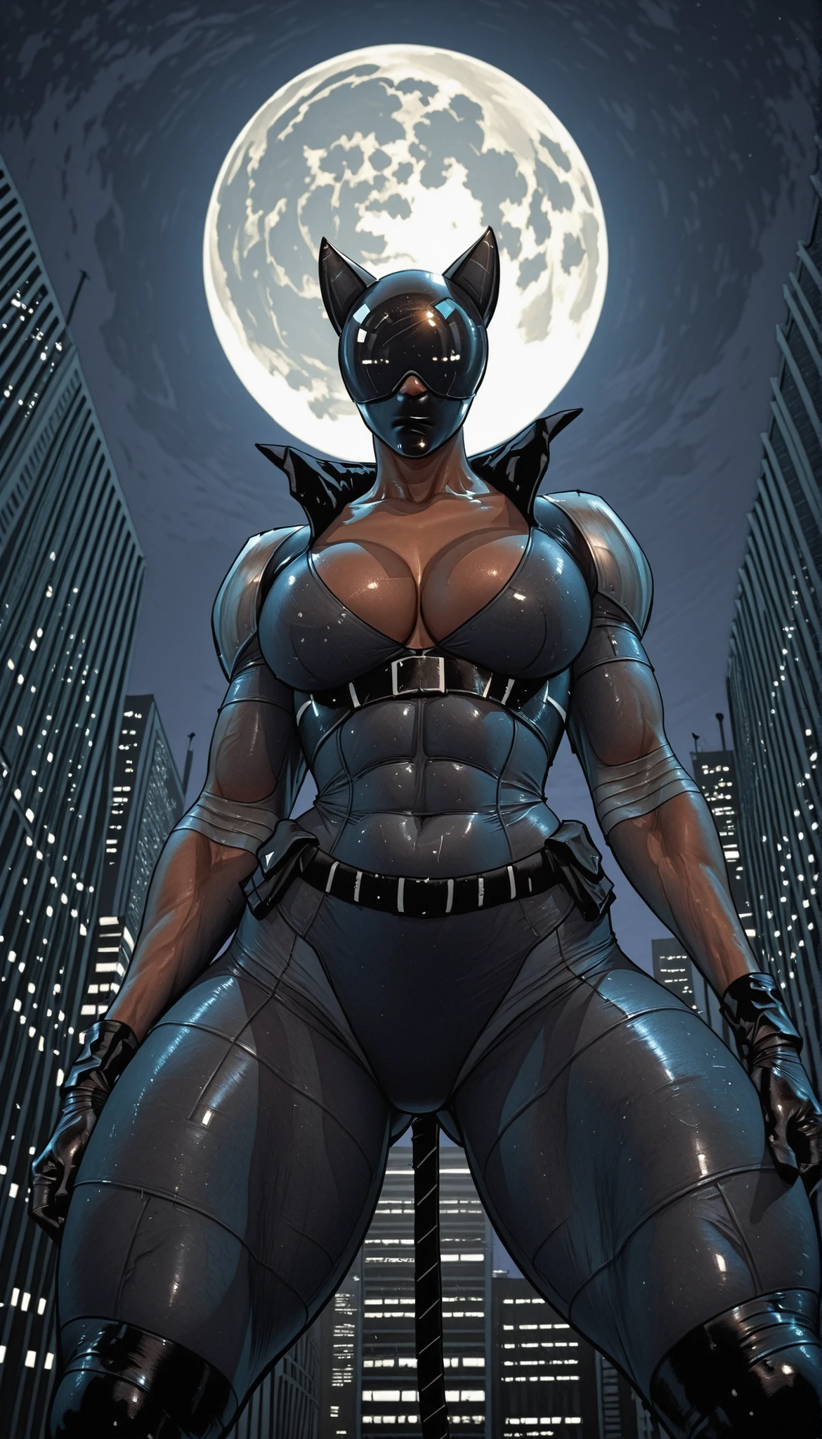AbsoluteCatwoman, dark-skinned female, mirrored helmet, fake cat ears, fake tail, bodysuit, gloves, belt, cleavage, big breasts, thick muscular thighs, wide curvy hips, covered mouth, on top of building, huge moon in background, night time, from below, dynamic angle, cat position