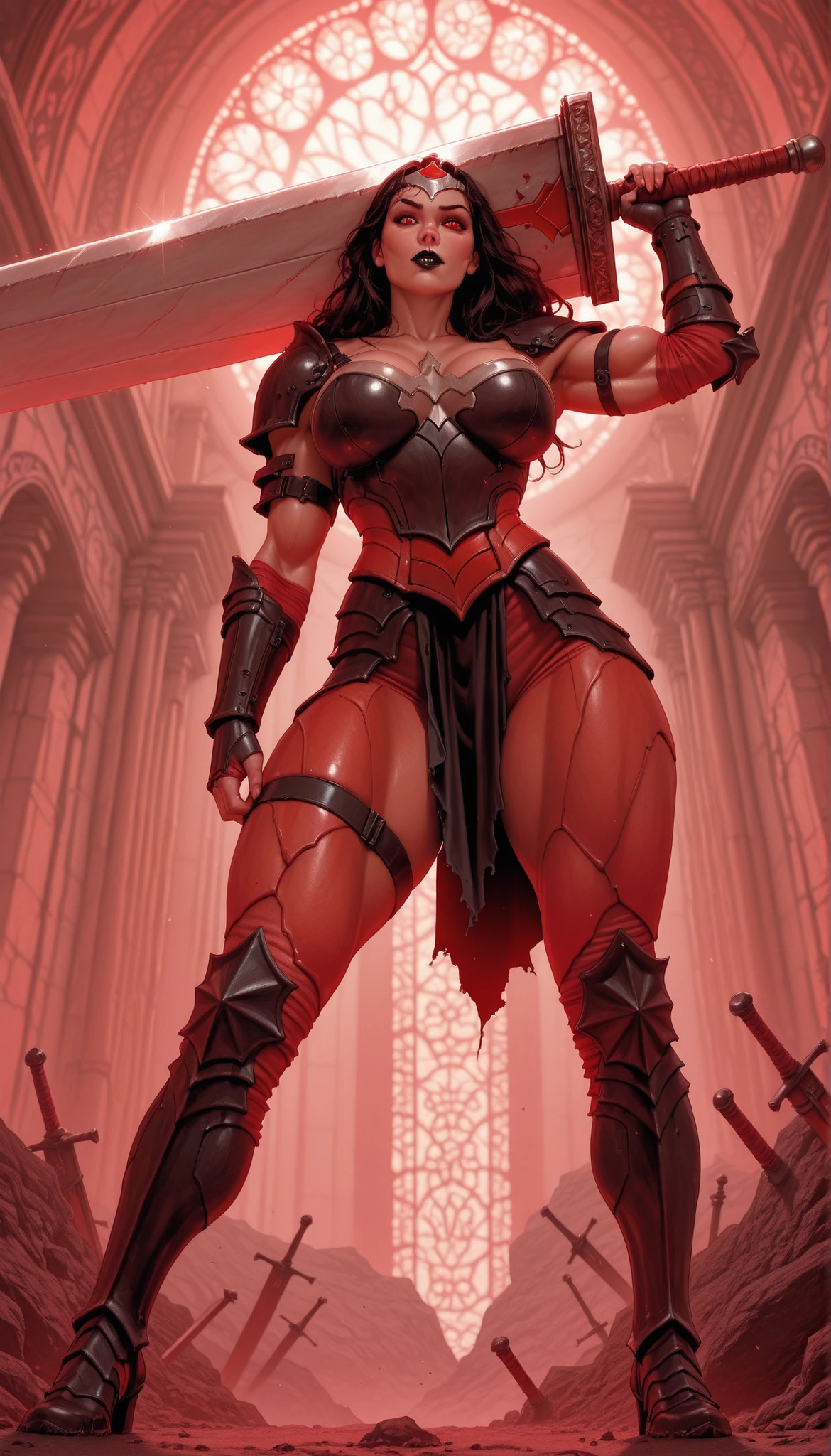masterpiece, best quality, amazing quality, absurdres, AbsoWW, weapon, sword, holding, 1girl, armor, holding weapon, holding huge sword, tiara, red eyes, black lips, looking at viewer solo, gauntlets, red pants, black greaves, big breasts, thick muscular thighs, wide curvy hips, from BELOW, DYNAMIC ANGLE