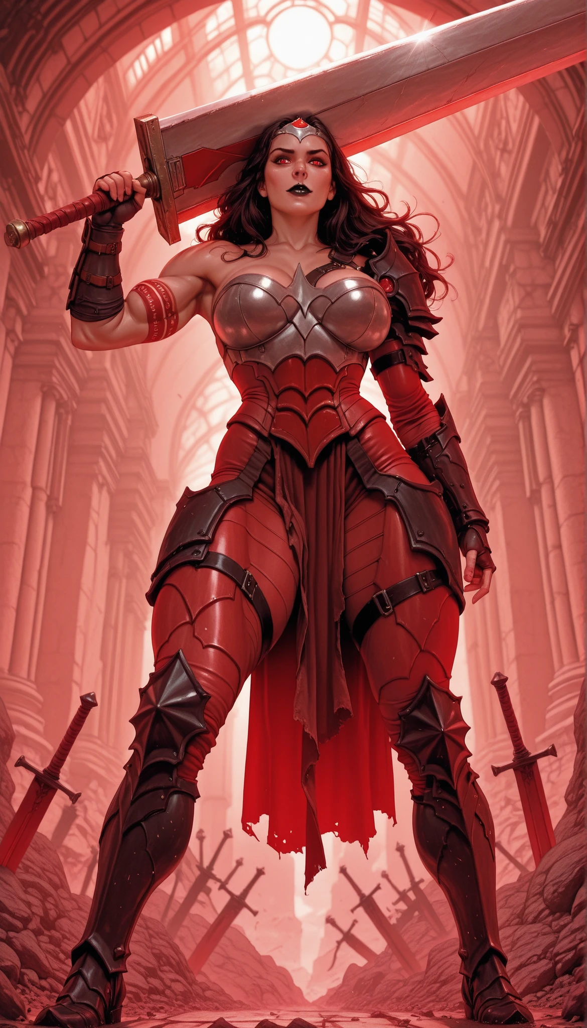 masterpiece, best quality, amazing quality, absurdres, AbsoWW, weapon, sword, holding, 1girl, armor, holding weapon, holding huge sword, tiara, red eyes, black lips, looking at viewer solo, gauntlets, red pants, black greaves, , thick muscular thighs, wide curvy , from BELOW, DYNAMIC ANGLE