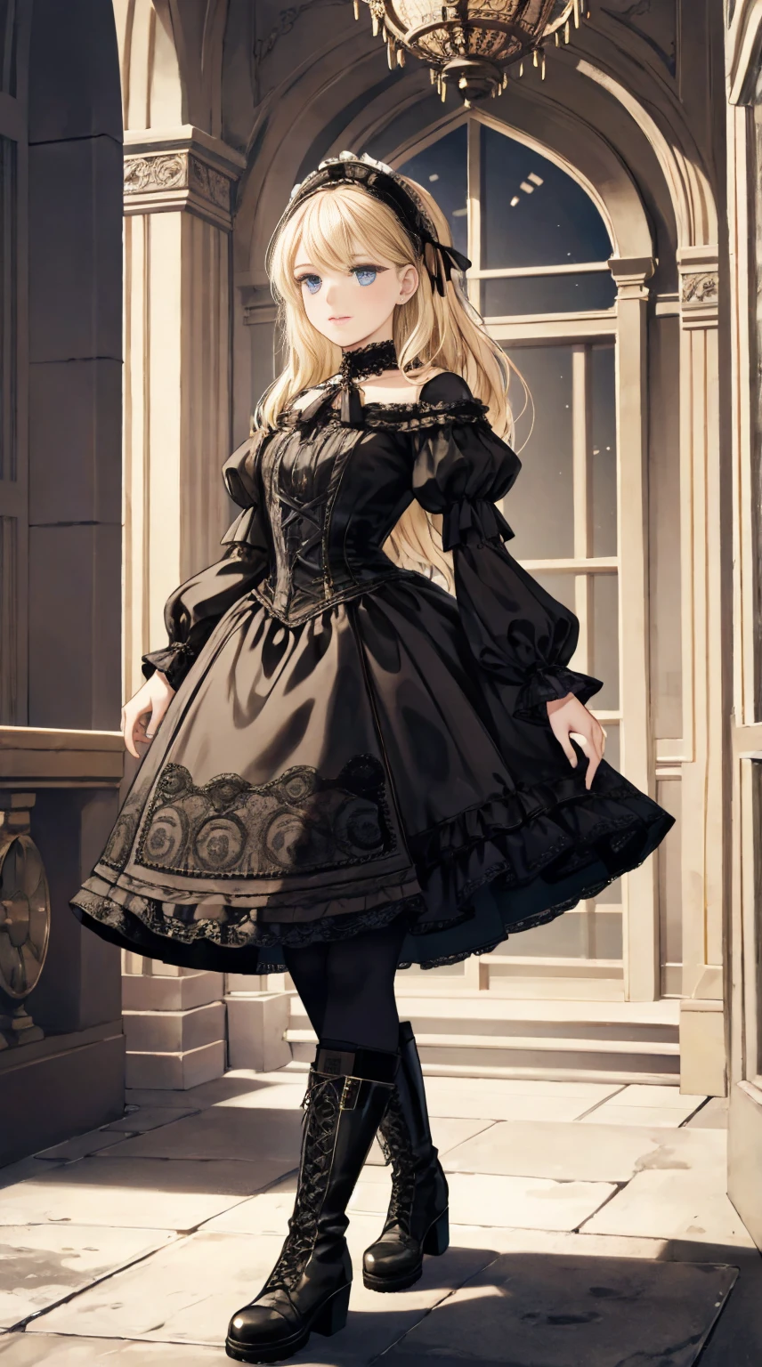 A woman in a dress and boots is standing in front of a building, baroque dress, in detailed steampunk dress, an elegant gothic princess, victorian gothic lolita fashion, Historical Baroque Dress Dark, black gothic lolita dress, fantasy style clothing, rococo dress, black rococo, classical witch, fantasy outfit, wearing a gothic dress, romantic dress, gothic dress