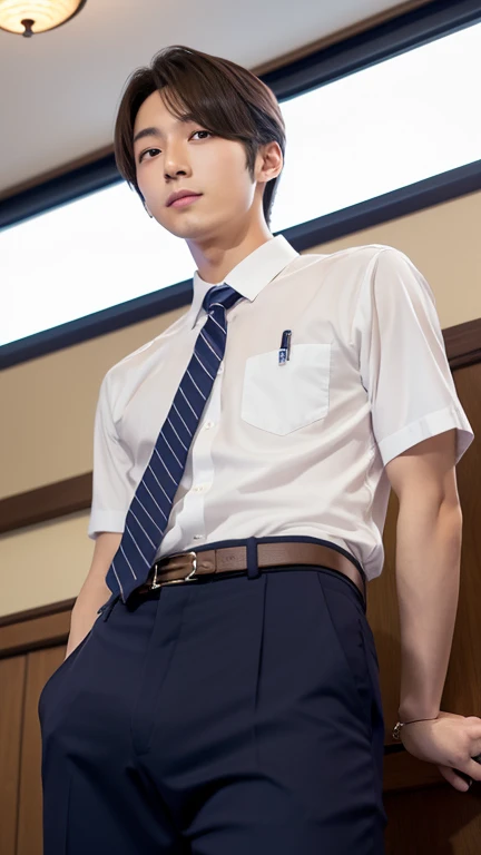 A young Korean guy 18 years old is angry face, small thin body ,  in white , standing in a        classroom with many friends laughing.,soft light filter 