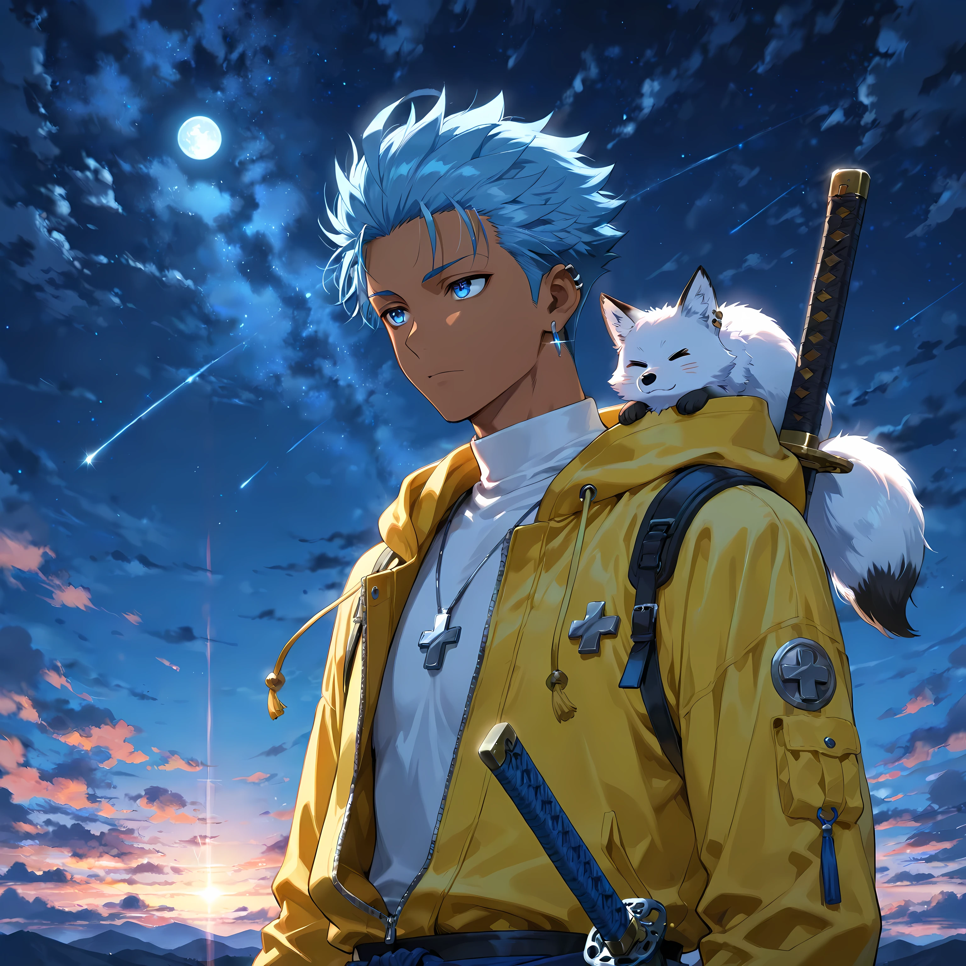 <lora:TrendCraft_The_Peoples_Style_Detailer-v2.4I-5_18_2025-Illustrious:0.2> <lora:flatline_v2_-_Illus_x_Niji:0.6>, masterpiece , best quality , 1male , adult , male focus , masculine , dark skin , solo , short wavy spiked hair with ahoge , medium length in the back , aegean blue hair , relaxed vibrant aegean blue eyes , hooded black and yellow jacket , white turtleneck undershirt , relaxed expression , standing still , silver cross necklace , silver earring on left ear , small white fox on shoulder , katana , weapon on back , sheathed , sky background , clouds , night , moon , perfect background , close-up