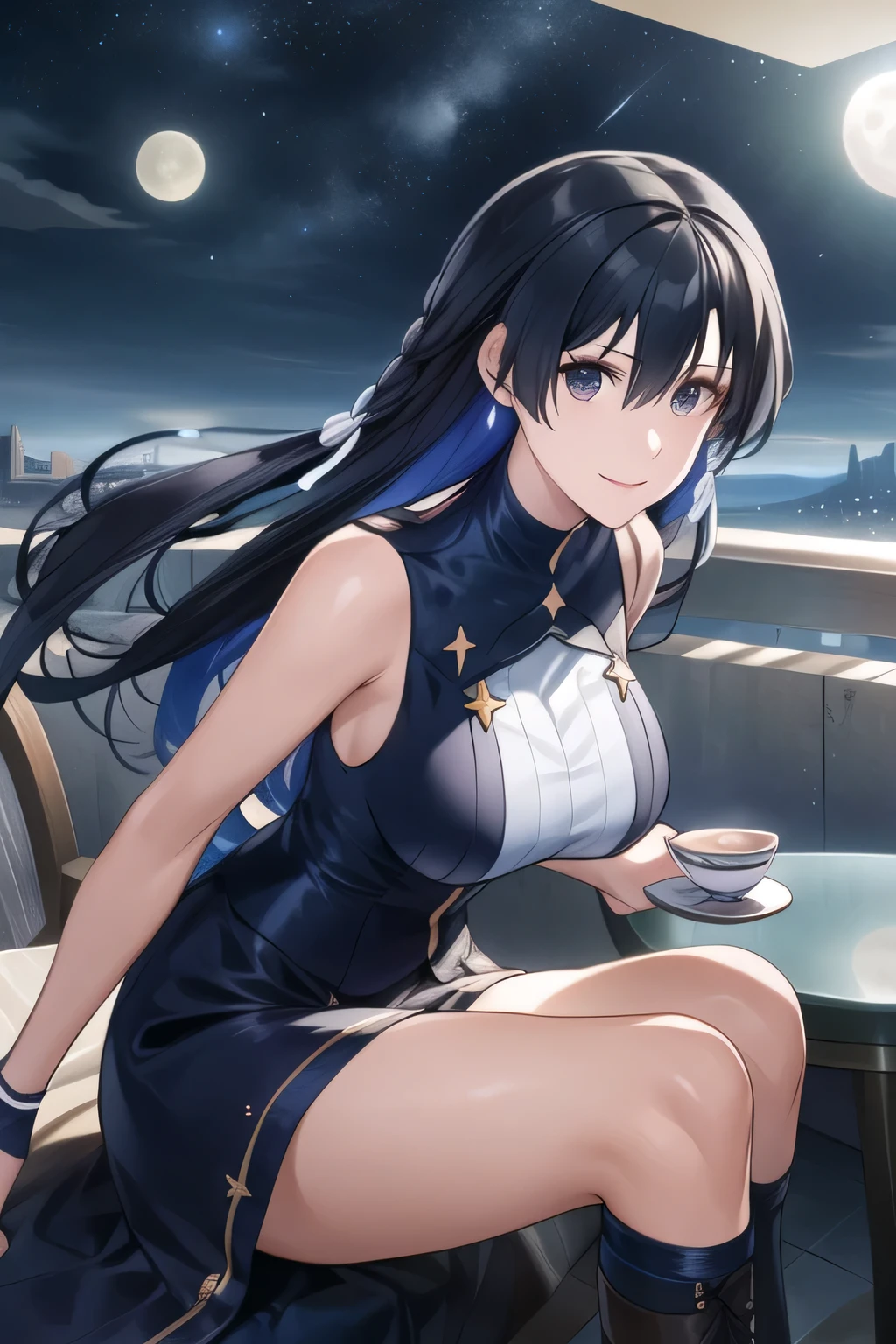 top floor terrace of a skyscraper with night views,My hair is swaying in the night breeze、thrilling pose,,A witch drinking tea,long black hair,Smile Yang,,navy blue big breasted sleeveless costume,Beautiful legs,boots,starry skyを眺める,Anime CG,Priority of facial expressions,face trimming is prohibited,Alone,A woman with long waves even if she is slender and has big breasts,can you draw eyes and nose clearly and delicately,draw,can you express anatomically accurate hand and leg expressions with vivid colors,rooftop,Outdoor terrace,starry sky,Moon,can you draw facial expressions more delicately,