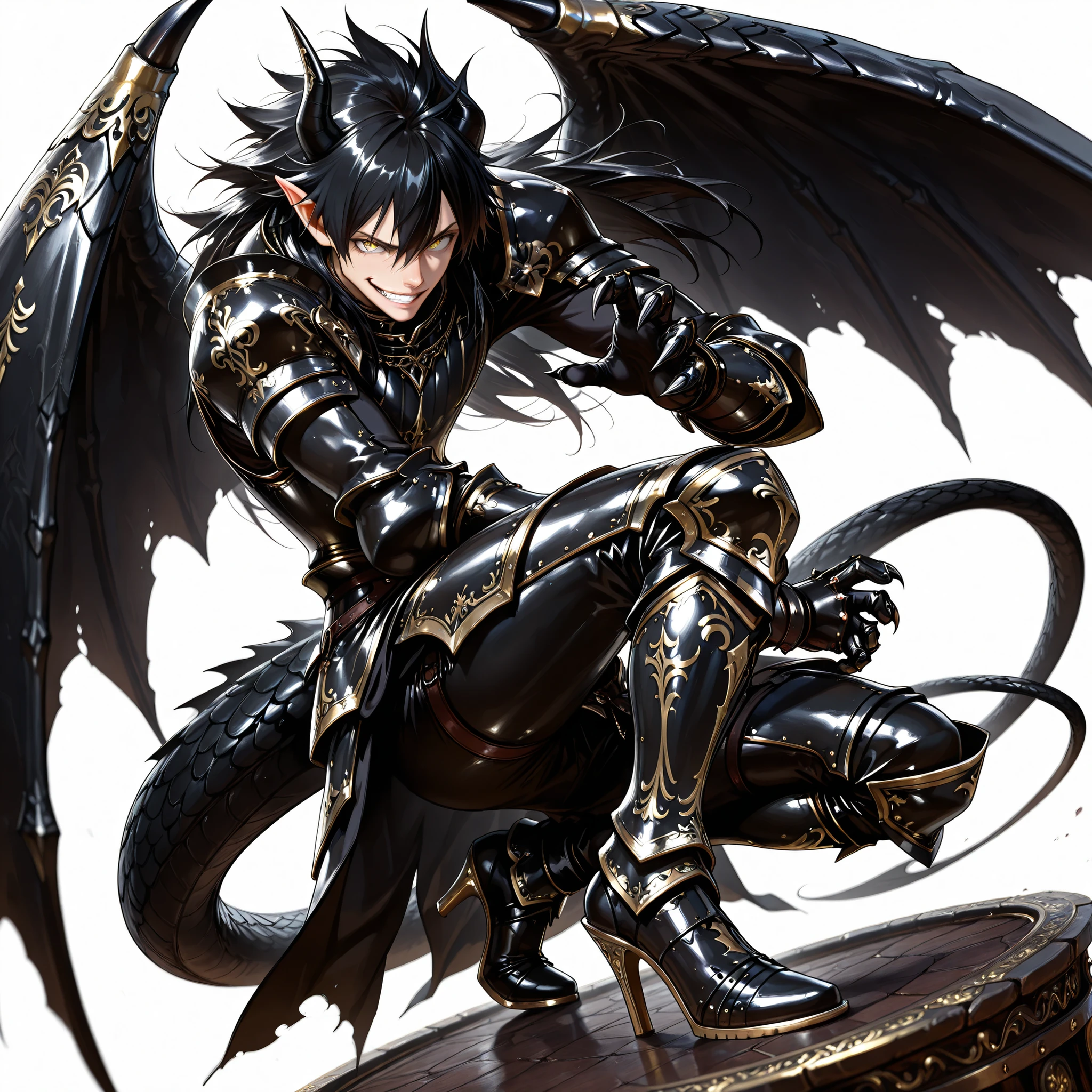 score_9, score_8_up, score_7_up, absurdres, (((128K Ultra High Resolution))), (masterpiece, best quality: 1. 5), (high definition: 1, 4), (highres), 8K wallpaper, (excellent graphics: 1. 5), CG, (((Japanese Anime style))), (1 male), solo, ((lean body, masculine)), weredragon, glossy black, shiny black leather, ((beautiful golden eyes, finely detailed eyes, bright eyes, slit pupils)), hair between eyes, black hair, long hair, sideburns, wild hair, (sly grin, sinister grin, smirk), teeth, confident, ((ultra detailed face)), shiny skin, long pointy ears, twisted torso, long-legged, sculpted face, wasp waist, dragon horn, dragon tail, dragon wings, dragon sharp claws, (black armor with a lot of grandiose decorations: 1. 5), half dragon half human, (crouching, fighting, fighting stance, get ready for combat, combat pose: 1. 5), (dramatic angle, dynamic pose: 1. 5), (ultra detailed black armor, well-polished black armor: 1. 5), (gold-adorned armor: 1. 5), all black outfit, full body, sharp focus, good-looking man, (best illustration, highly detailed artwork: 1. 5), (cinematic), dramatic lighting, (intricate detail, extreme detailed, super detailed: 1. 5), chiseled features, (stark contrast, heavy shadows: 1. 3), ((detailed black decorations)), beautiful & aesthetic, photoreal, (from side), (mysteriously crafted black metal armor: 1. 5), thick & luxuriant hair, (ultra detailed fantasy black armor, wonderful black armor: 1. 5), (realistic metal texture), broad shoulder, true-to-life visuals, artistically refined, (extremely delicate & beautiful armor, elaborate armor details: 1. 5), (giant black armor, dark armor, stylized armor: 1, 5), (((armor-type high heels))), (extremely detailed armor with intricate engravings, intricate armor with gold ornaments: 1. 5), ((very gorgeous and dazzling)), (dark fantasy black knight: 1. 5), slim waistlines, wide chested, sinewy body, (Hyper Detailed & Perfectly Designed Black Armor: 1. 5), (simple white background)