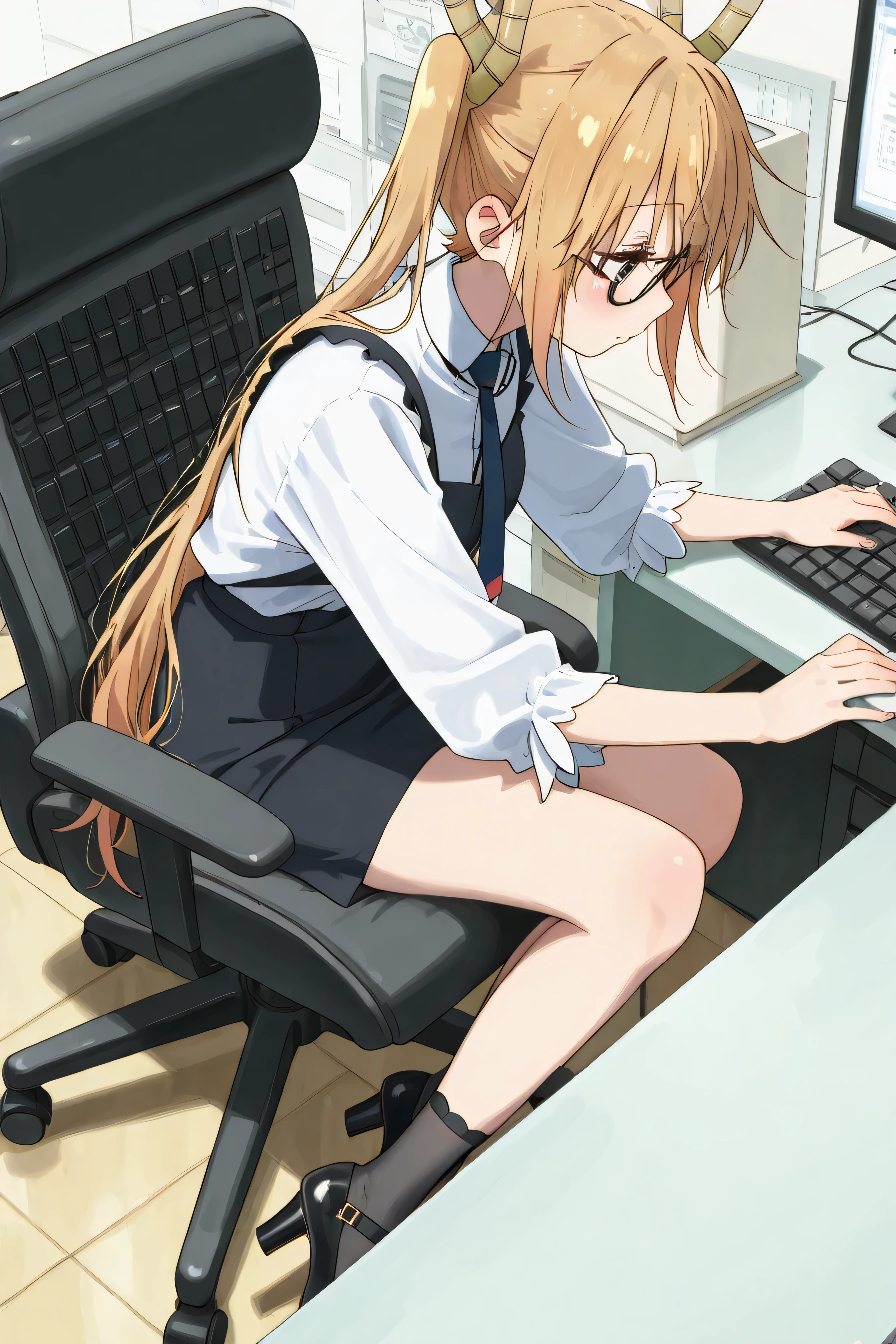 Tohru wears office glasses, black secretary outfit, white shirt with neckline, black mini skirt , dark socks, black heels, sitting in a chair typing on her office computer.