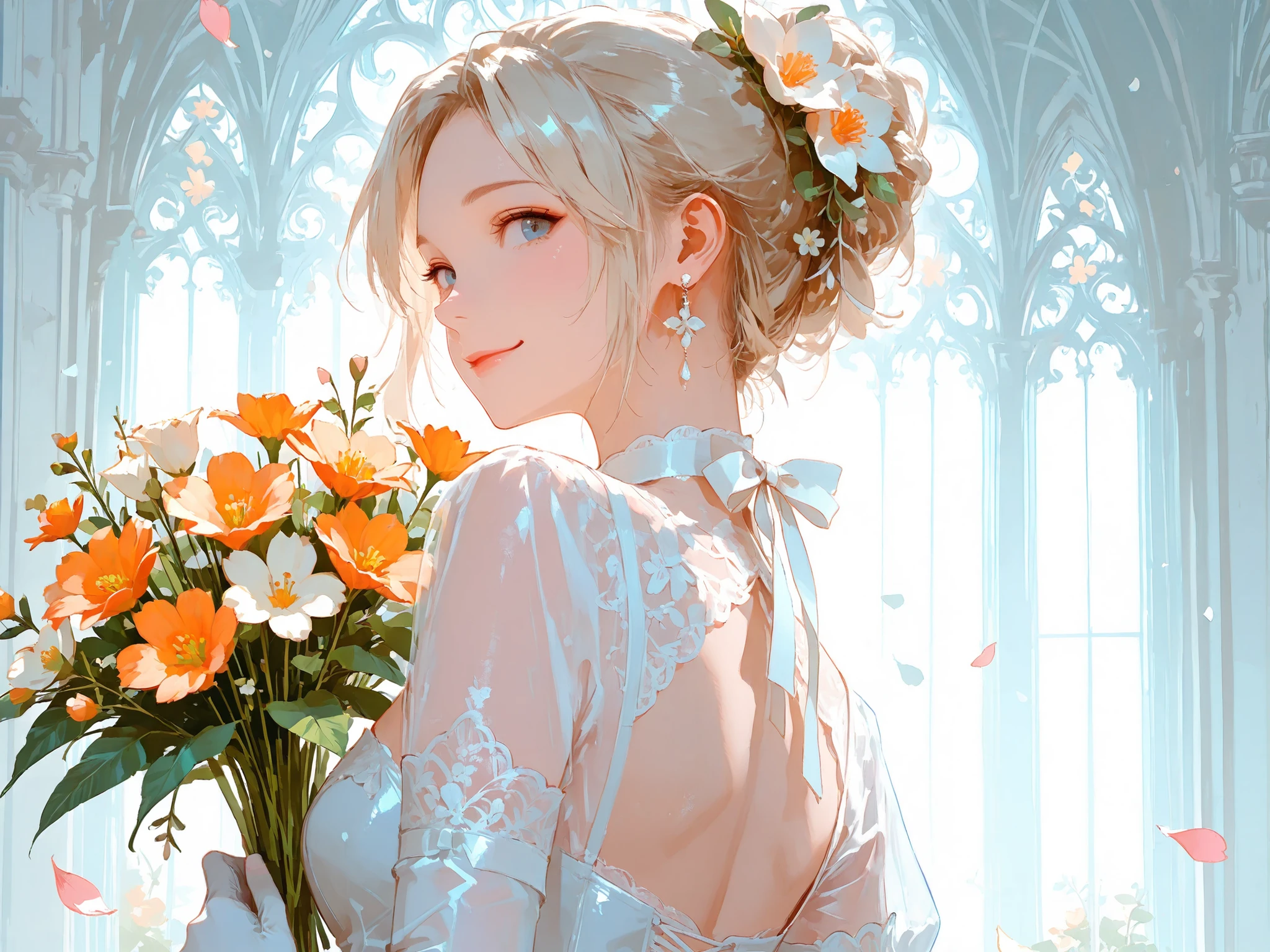 face close-up, looking back, an extremely delicate and beautiful girl, 20 years old, shiny platinum blonde hair, hair up, beautiful detailed blue eyes, hair in flower, earrings, elbow gloves, smile, holding a pastel-colored(light-pink and light-blue and light-orange flowers) bouquet wrapped with white ribbon, beautiful wedding dress, white see-through lace Clothes, sacred palace in background, petal, morning
