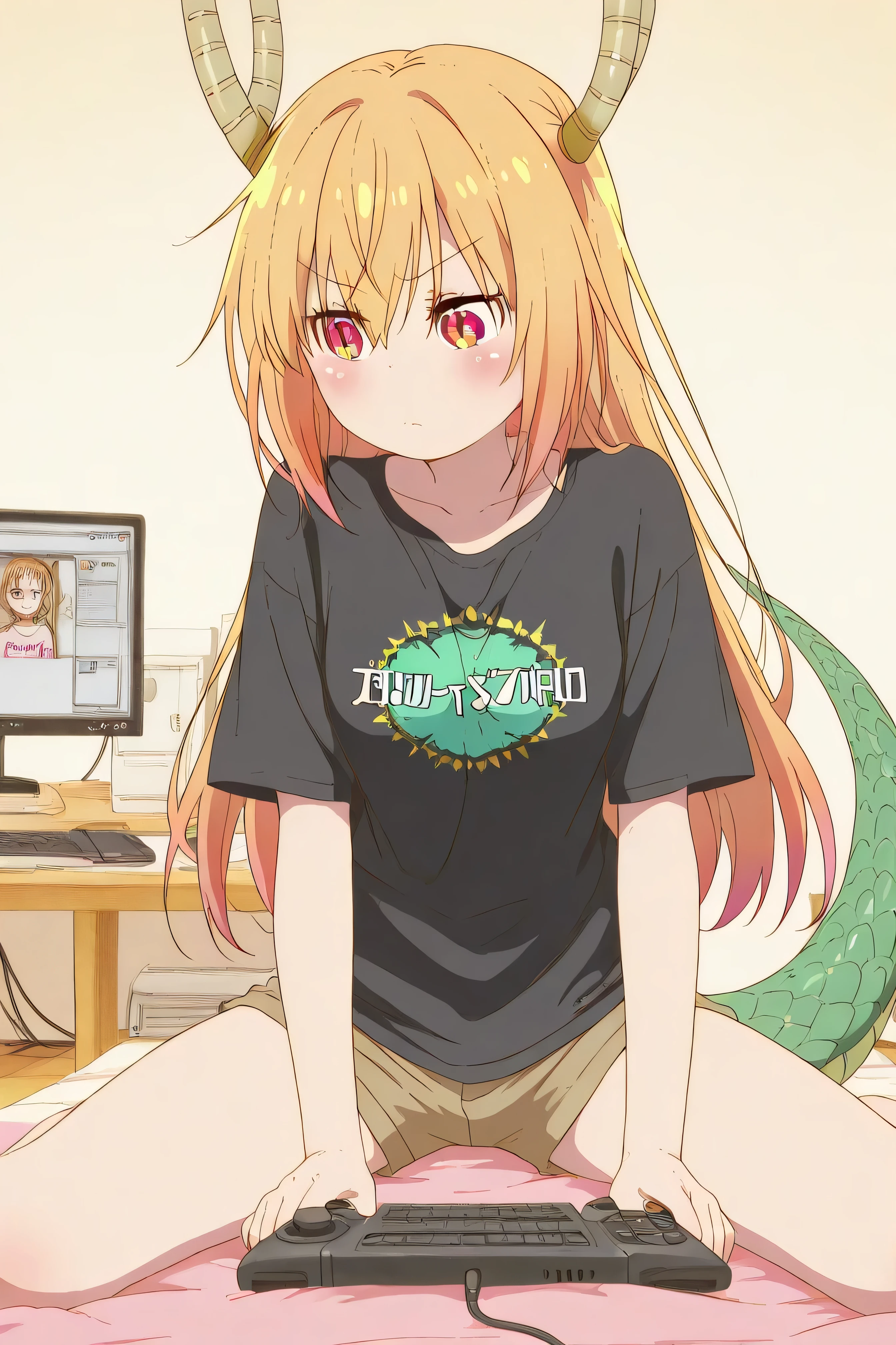 Tohru wears a pink, shorts color blanco, Dragon's green tail, t-shirt fixing his video game computer in his room.