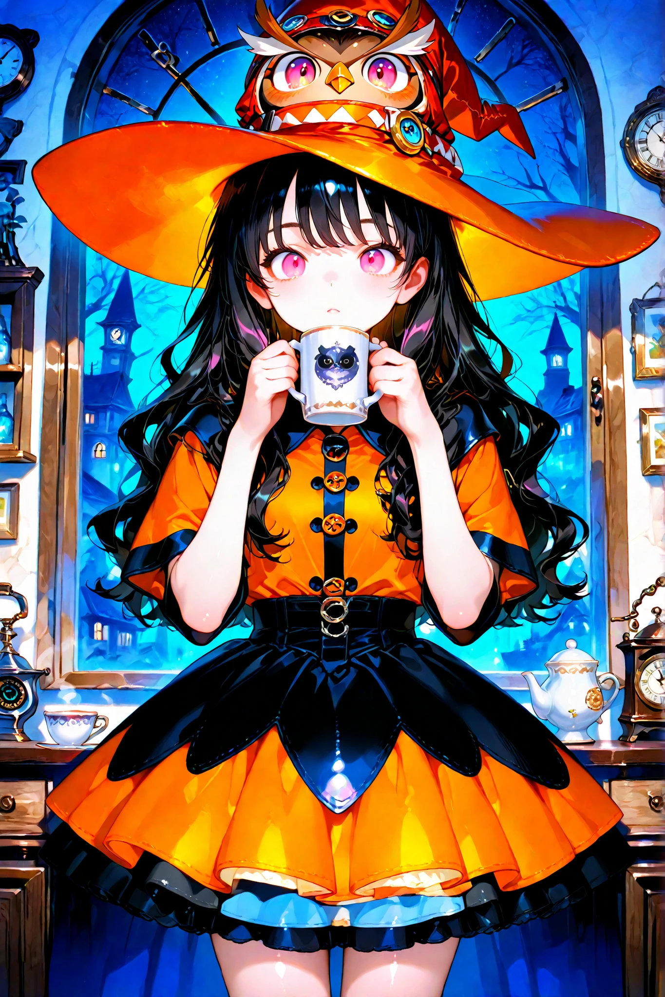 High-resolution masterpiece, Excellent, ultra realista, ultra photographic quality, extremely detailed, ultra realista   ,chica  , black-haired ,  Pink Eyes , very detailed face, beautiful face , witch dress, black and orange short-sleeved skirt and shirt , long wavy hair , with a cup of tea with a toad inside , in a house full of antiques , a cuckoo clock and an owl  , at night ,  wearing a witch's hat 