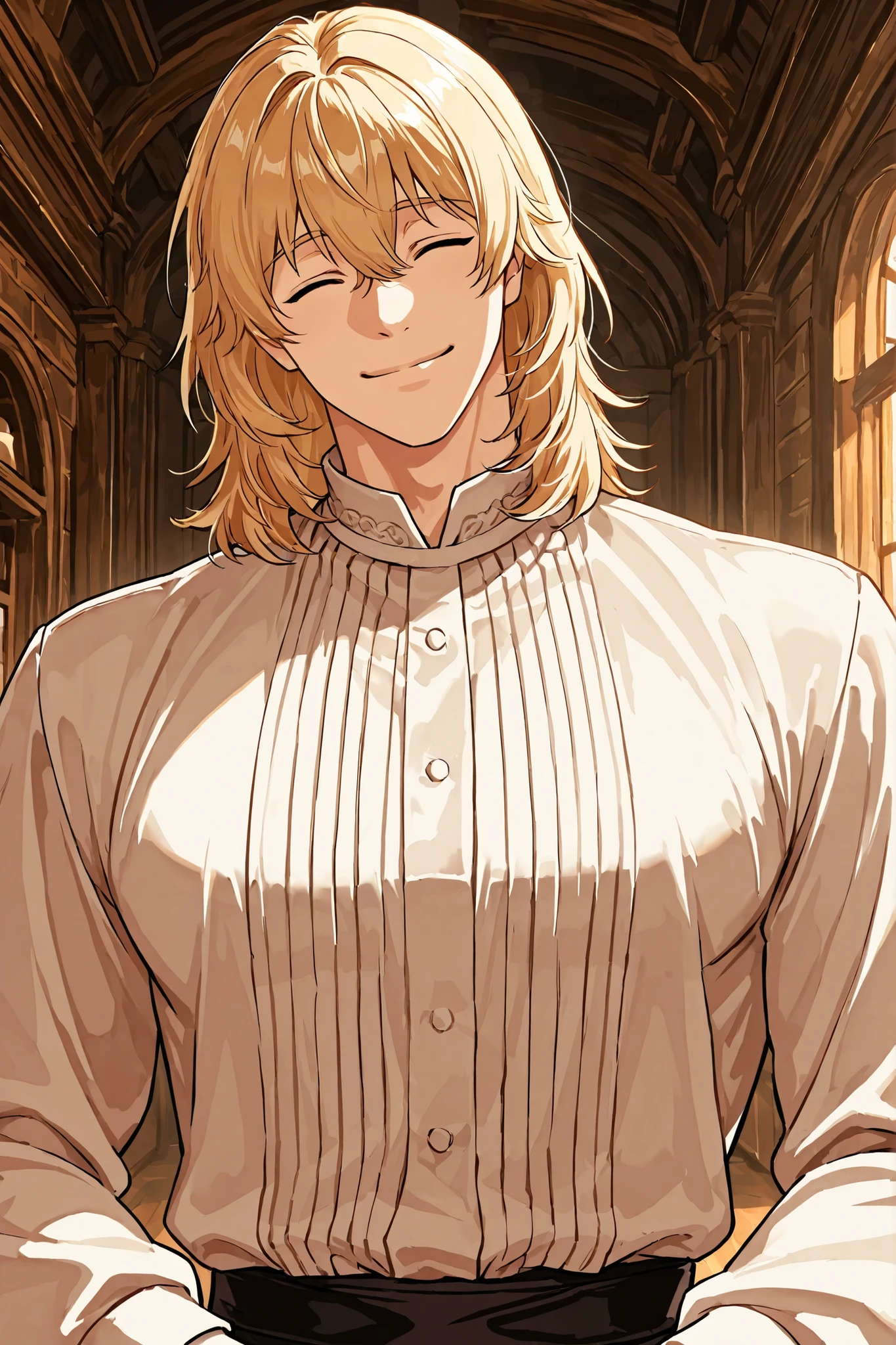 1 male, alone, handsome, muscular, medium hair, blonde hair, bangs between the eyes, squinting closed eyes, playful smile, niceful impression, merchant attire, composed pose, merchant store scenery, upper body