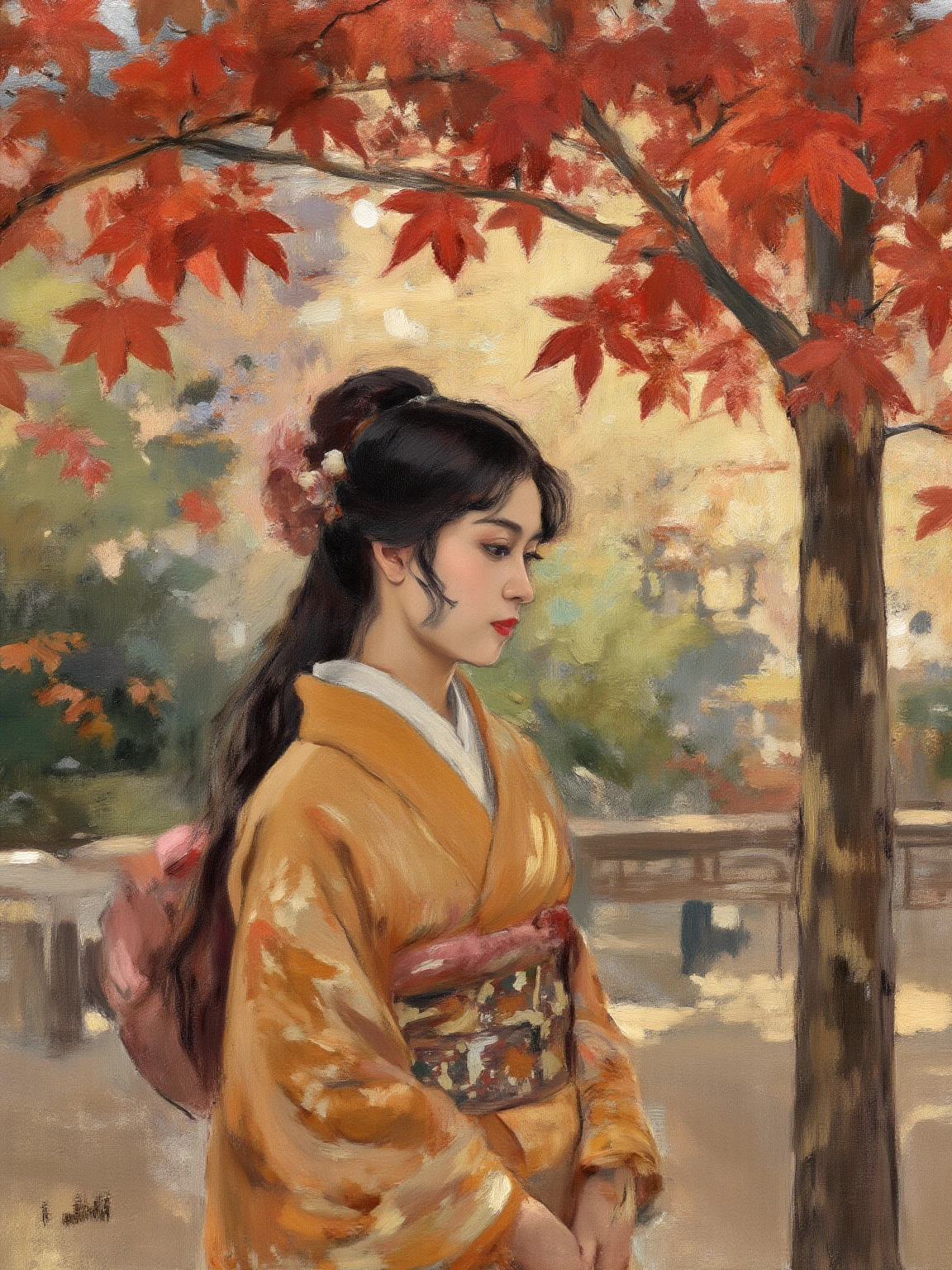 painting of a woman in a kimono outfit in a forest, autumnal empress, portrait of a japanese girl, elegant japanese woman, portrait of geisha, inspired by Itō Shinsui, portrait of a beautiful geisha, inspired by Chizuko Yoshida, portrait of a geisha, chie yoshii, ghibli tom bagshaw, portrait of mulan