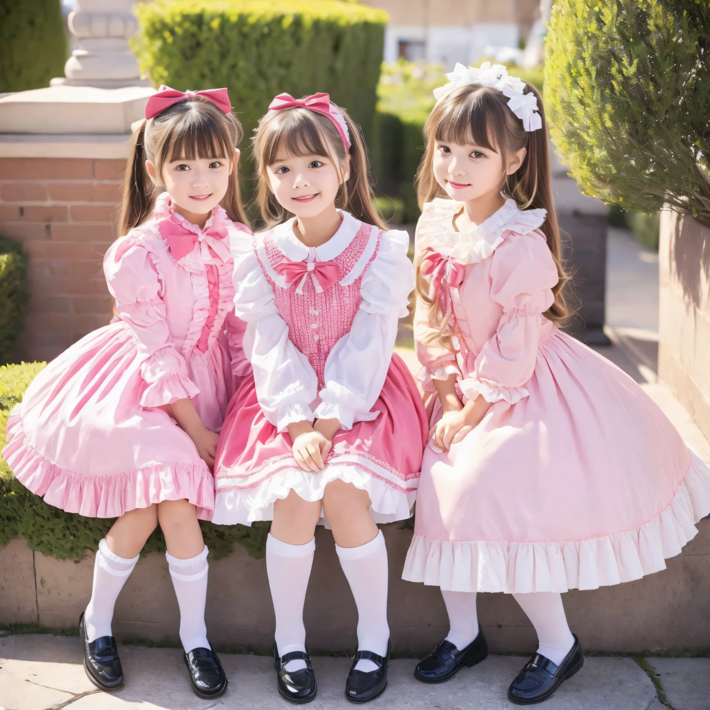 (( Distant view,full body,standing:1.2)),Highest Quality, masterpiece, highest resolution, art work, super それにget used to it, many get used to it, get used to it, それにget used to it, 3k photos,,3 noble ladies sitting across the street indoors,. ((10 year old European girl,Blonde Long Hair:1.3)),get used to an ultra-fine young face,lovely smile,baby-like face,ultra high res, complicated details, Back hair tied with a ribbon,smile,pastel-colored dresses adorned in a cute way with ruffles and ribbons, (round large ruffle collar,bow tie,long sleeve, ruffle sleeve ,white ruffle blouse,Ruffle placket, ruffles are cute ,Frilled Skirt,Very Elaborate Costume:1.3),(medium skirt,short balloon skirt)),long black socks with ruffles,black loafers,small breasts,detailed background,