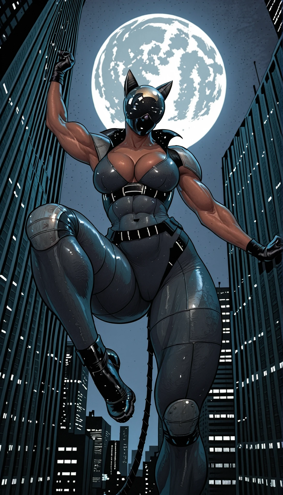 AbsoluteCatwoman, dark-skinned female, mirrored helmet, fake cat ears, fake tail, bodysuit, gloves, belt, cleavage, big breasts, thick muscular thighs, wide curvy hips, covered mouth, on top of building, huge moon in background, night time, from below, dynamic angle, cat position, lifting her one leg up,