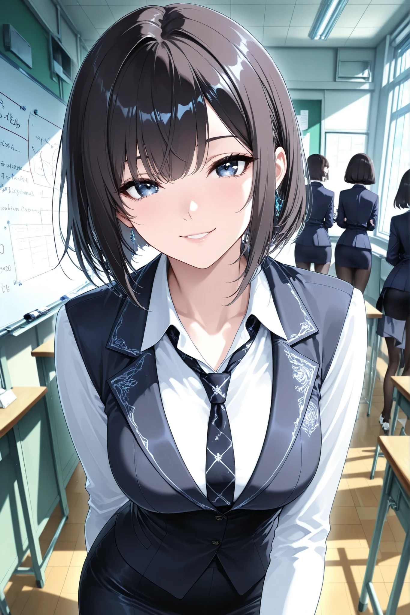 score_9, score_8_up, score_7_up, source_Genuine, Rating_Safety, high resolution image, masterpiece, Highest Quality, Great Quality, Highly Detailed, on the placard, sharp detail, Clear Focus, professional lighting, Female Teacher, Dark Haired, My skin is white, dark haired, Clean Bob, Bang, detailed face, detailed eyes, polished nose, Smile Yan, watching viewers, perfect hand, Perfect Anatomy, (classroom, whiteboard, lesson)