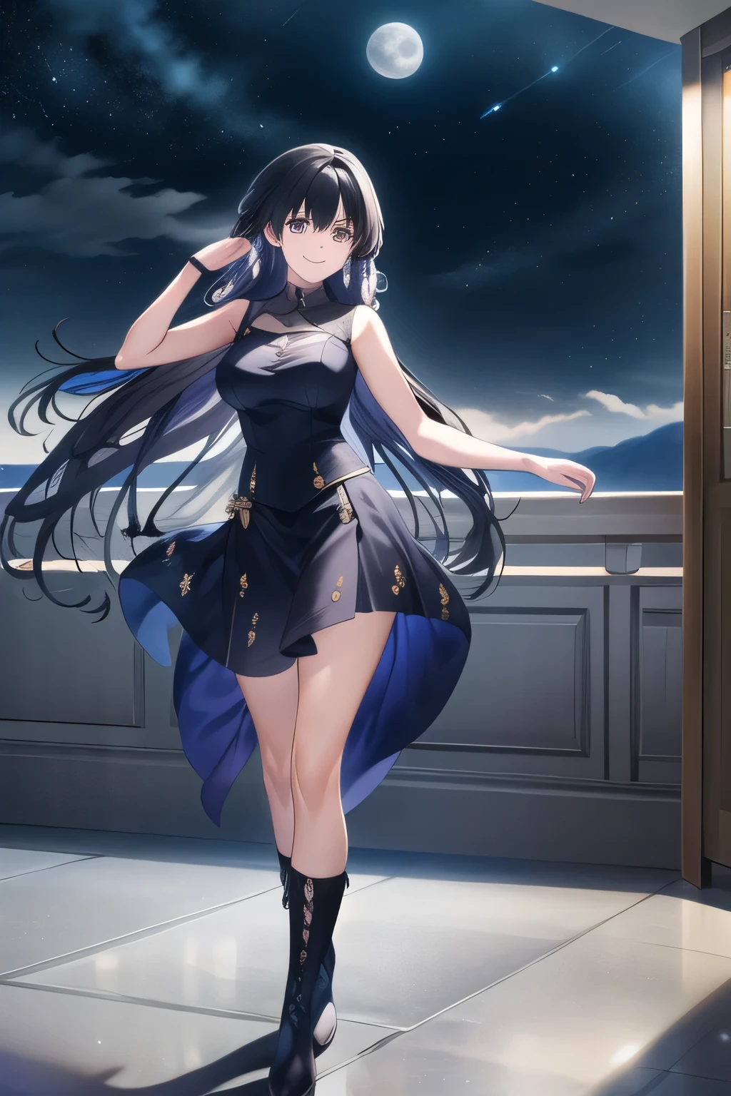 top floor terrace of a skyscraper with night views,My hair is swaying in the night breeze、thrilling pose,,A witch drinking tea,long black hair,Smile Yang,,navy blue big breasted sleeveless costume,Beautiful legs,boots,starry skyを眺める,Anime CG,Priority of facial expressions,face trimming is prohibited,Alone,A woman with long waves even if she is slender and has big breasts,can you draw eyes and nose clearly and delicately,draw,can you express anatomically accurate hand and leg expressions with vivid colors,rooftop,Outdoor terrace,starry sky,Moon,can you draw facial expressions more delicately,Smile Yan,Anime CGが必要,