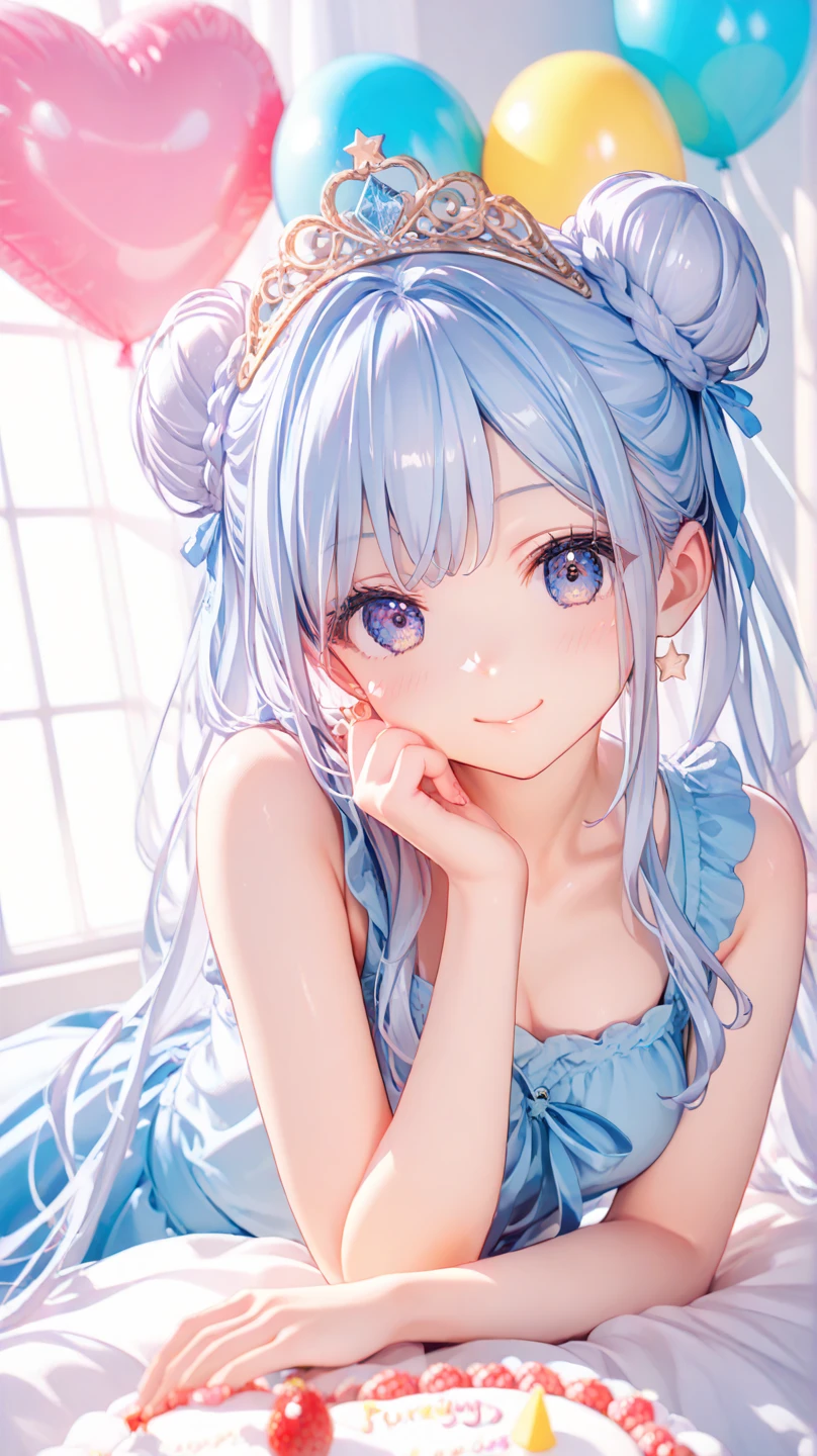 masterpiece, best quality, extremely detailed, (illustration, official art:1.1), 1 girl ,(((( light blue long hair)))), ,(((( light blue long hair)))),light blue hair, , long hair ((blush)) , cute face, big eyes, masterpiece, best quality,(((((a very delicate and beautiful girl))))),Amazing,beautiful detailed eyes,blunt bangs((((little delicate girl)))),tareme(true beautiful:1.2), sense of depth,dynamic angle,,,, affectionate smile, (true beautiful:1.2),,(tiny 1girl model:1.2),)(flat ),absurderes, ultra-detailliert,bright colour,view straight on, ;D, ,Delicate beautiful face, red blush、Blue eyes, smile,happy girl, she is sitting in a chair,facing the mirror, 
A girl with an eye outside. Hairstyle comb、