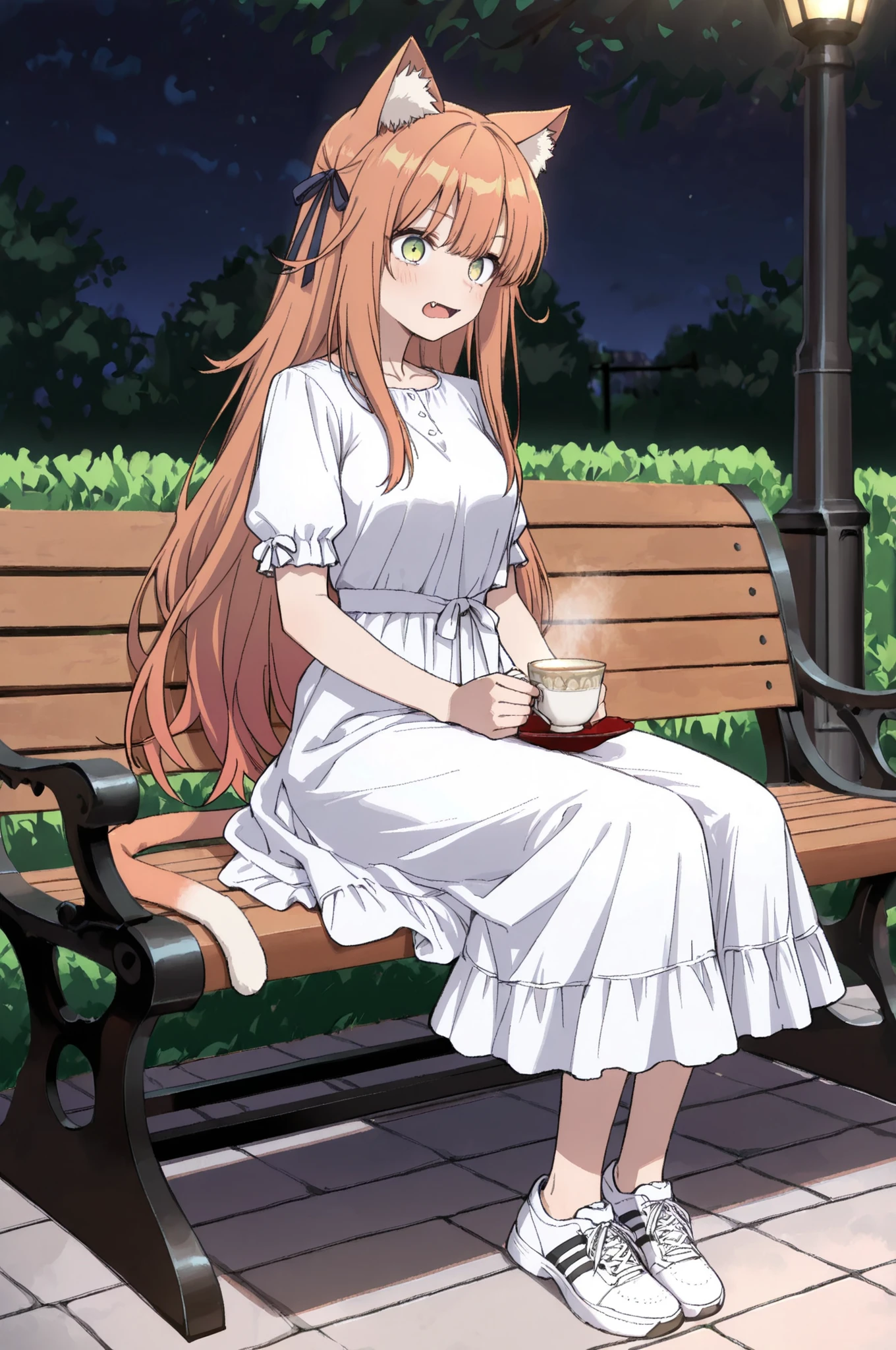 (full body:1.2),(wide shot:1.2), best quality, amazing quality, masterpiece, absurdres, ultra detailed, High Quality, High Resolution, High Definition, JK Style, JK, 1girl, kanade-default, green eyes, orange hair, long hair, animal ears, hair ribbon, fang, a cat tail, detailed eyes, high detail eyes,wearing a cute and soft flowing white dress,sitting on a park bench, at night,look at view,drink tea